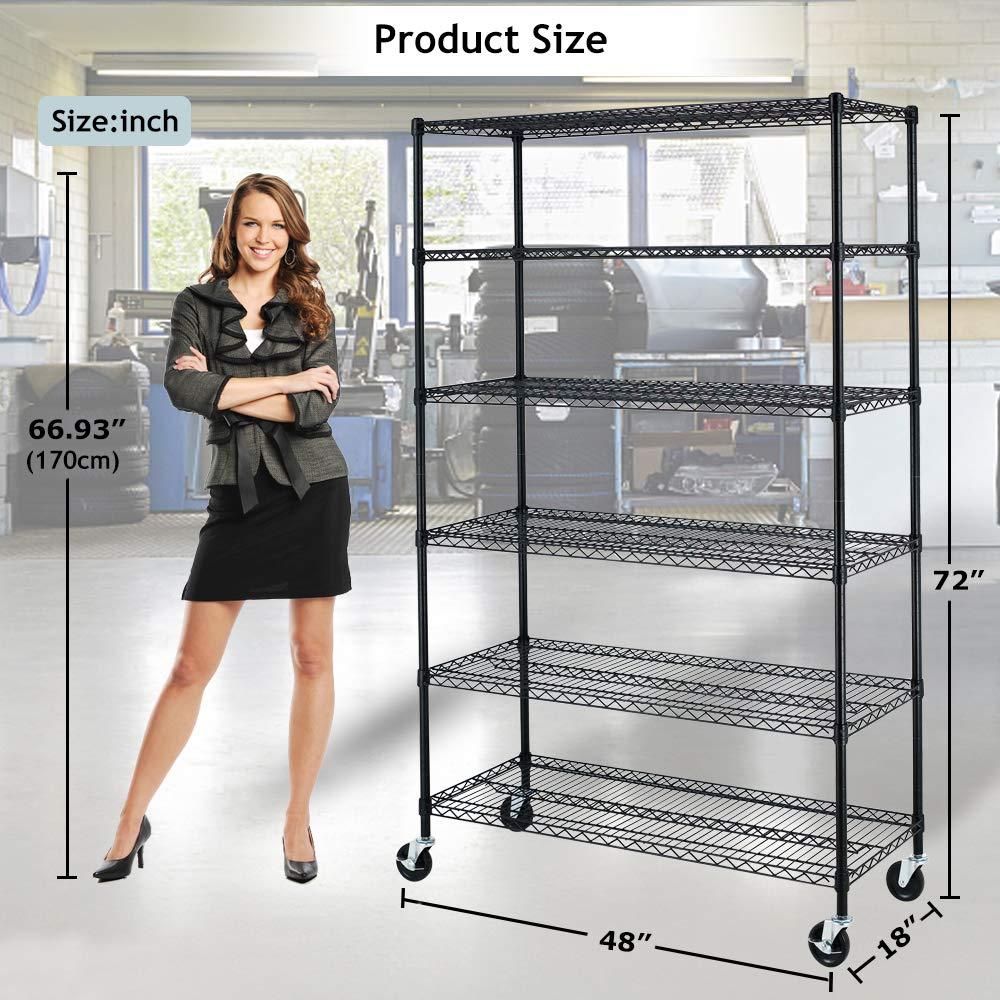 NiamVelo Heavy Duty 6 Tier Wire Shelving Unit Adjustable Storage Rack on Wheels 6000 Lbs Weight Capacity Metal Shelves Space Saving Wire Shelf Multifunctional Garage Shelving for Commercial Storage, Black