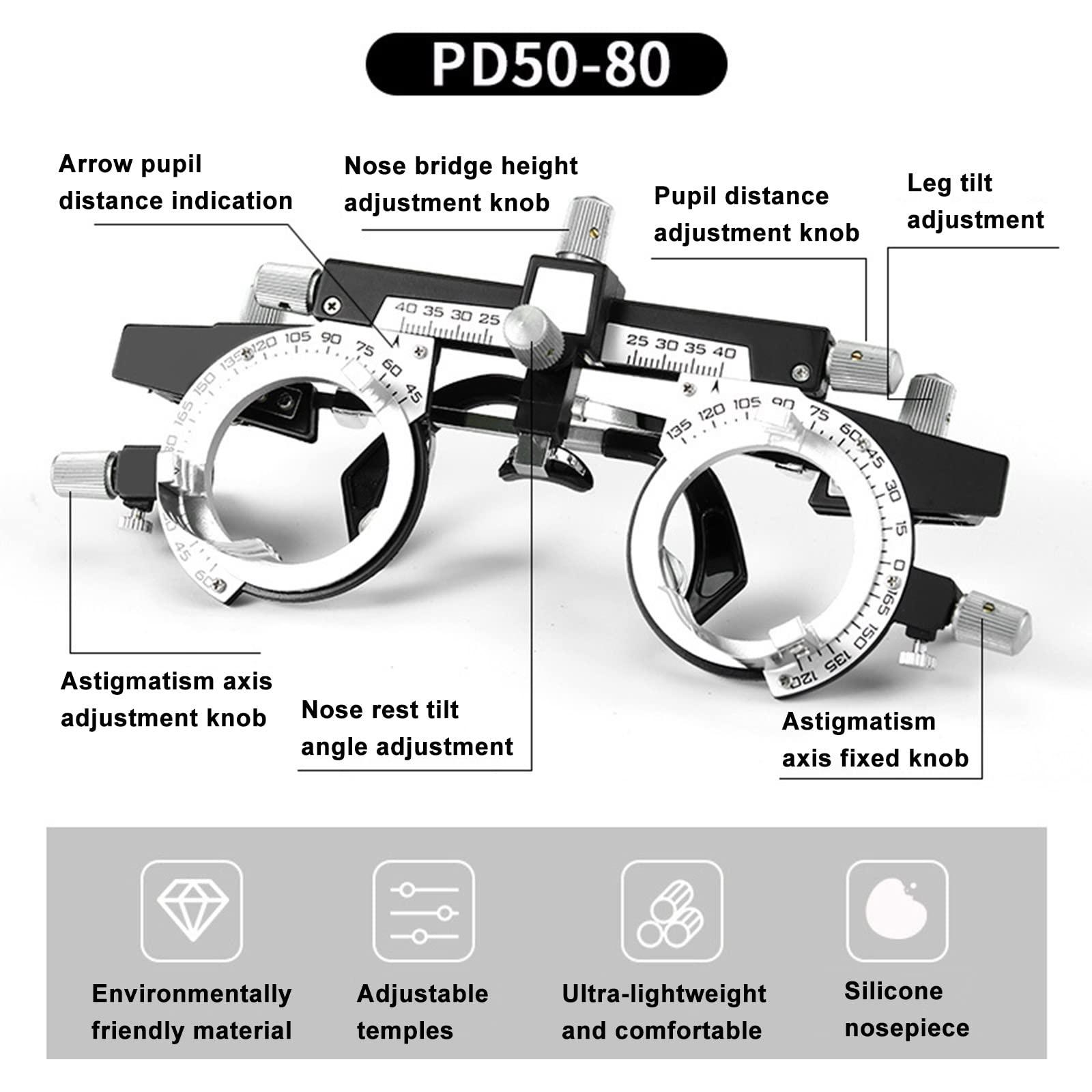 TCCOC PD 50-80mm Trial Frame Adjustable Temples and interpupillary Distance Ultra Light and Comfortable Eye Optometry Universal Lens Trial Frame(Color:Sliver,Size:PD50-80)
