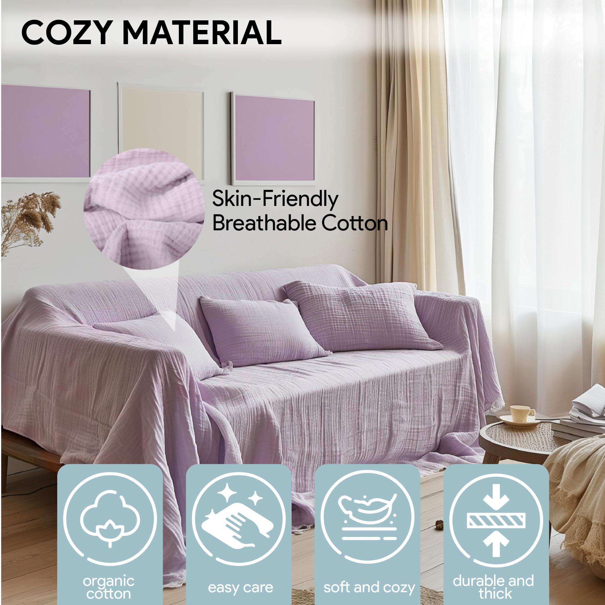 NORTHYGGE NORTHYGGE Sofa Cover%100 Organic Cotton, Couch Covers for Loveseat, Futon, Sofa, Sectional L Shape, U Shape, 4 Layered Muslin Softness Couch Cover, 71\", 91\", 102\" Widths (Lilac, 102x181 / 260x460cm)
