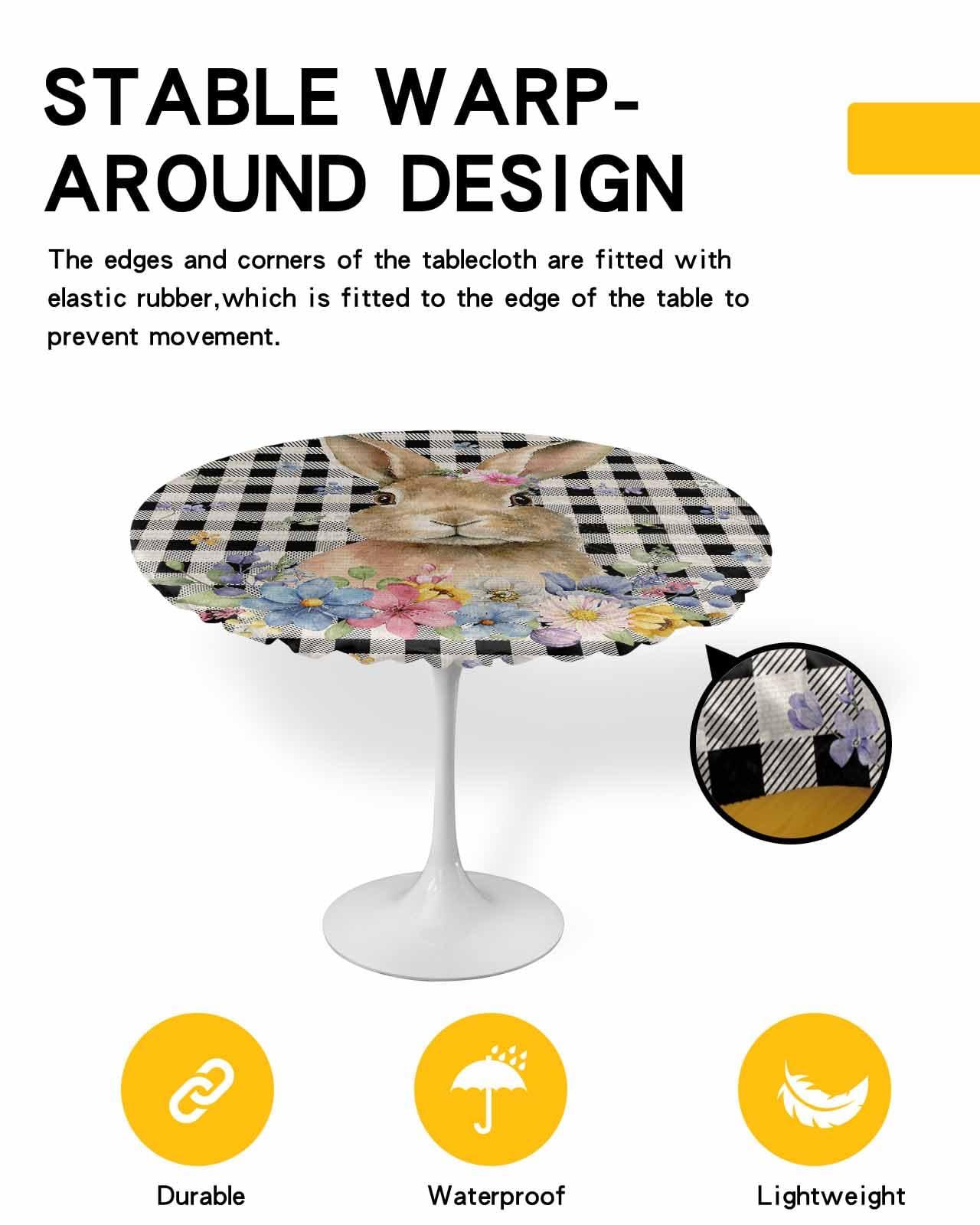 BOBOWUNY BOBOWUNY Easter Table Cloth, Round Fitted Tablecloths with Elastic Edge, Wipeable Waterproof Table Cover for Kitchen Wedding 45-54 Inches Black Buffalo Plaid Check Easter Bunny Floral