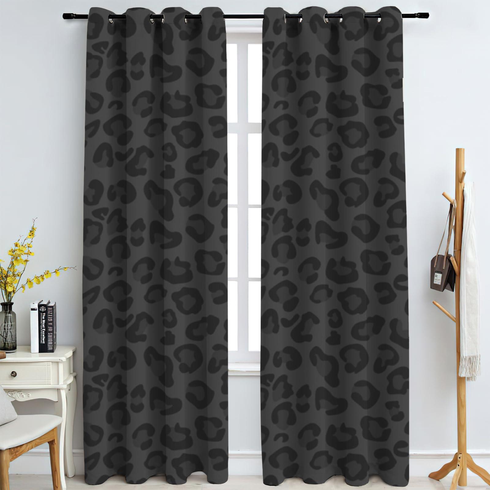 TOARTE TOARTE Black Leopard Animal Skin Window Treatments, Vintage Wild Dark Panther Fur Print Blackout Curtains for Bedroom, Grommet Thermal Insulated Curtain for Bedroom Living Room Patio - 84x108in