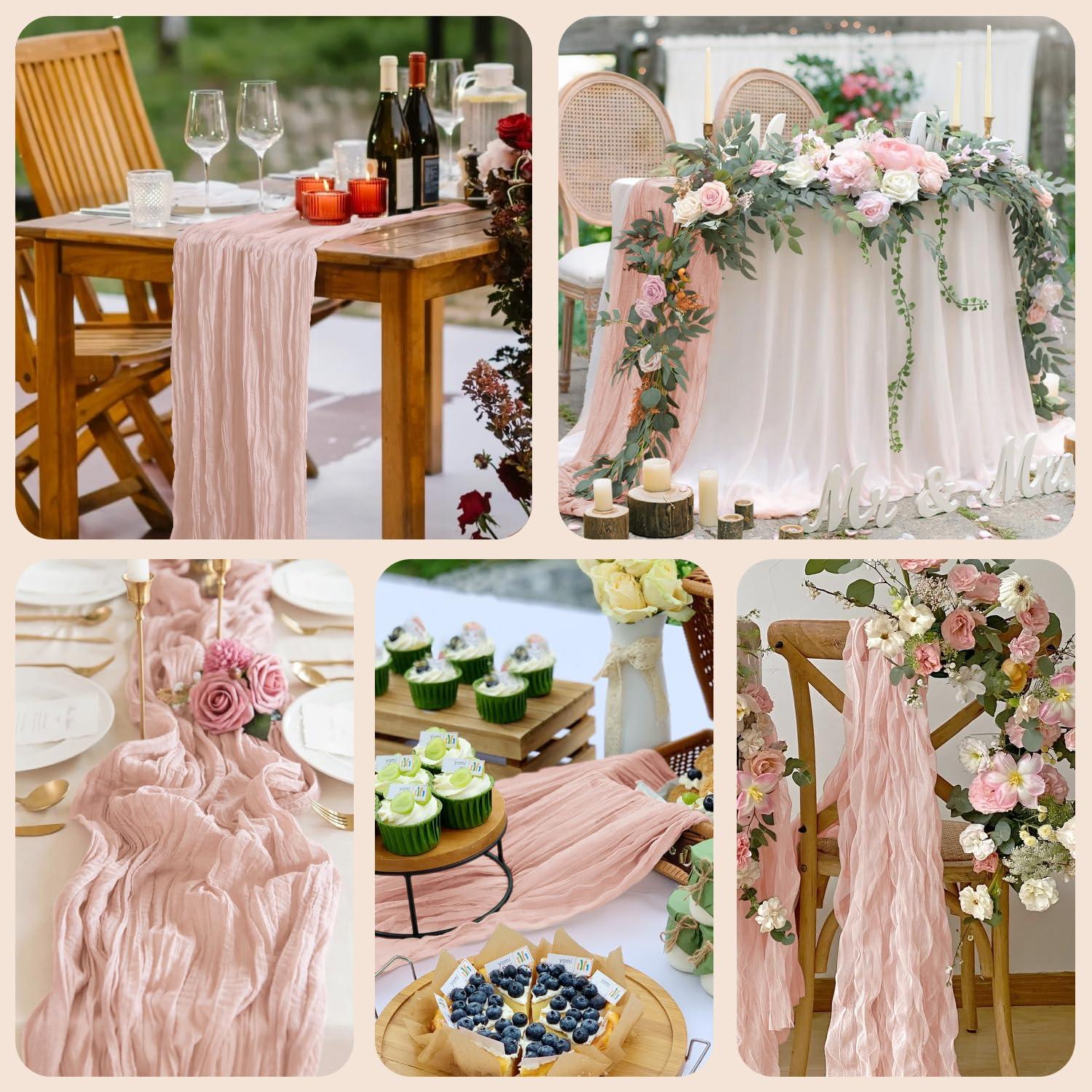 Asee\'m Asee\'m 4pcs Cheesecloth Table Runner 120 Inches Long Dusty Pink Boho Gauze Cheese Cloth Runner 10FT Rustic Sheer Table Runners for Christmas Wedding Party Baby Shower Spring Easter Decoration