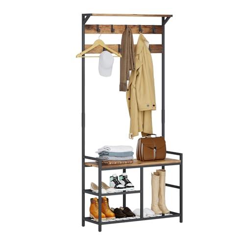 HOMEKOKO HOMEKOKO Coat Rack Shoe Bench, Hall Tree Entryway Storage Bench, Wood Look Accent Furniture with Metal Frame, 3-in-1 Design (Rustic Brown)
