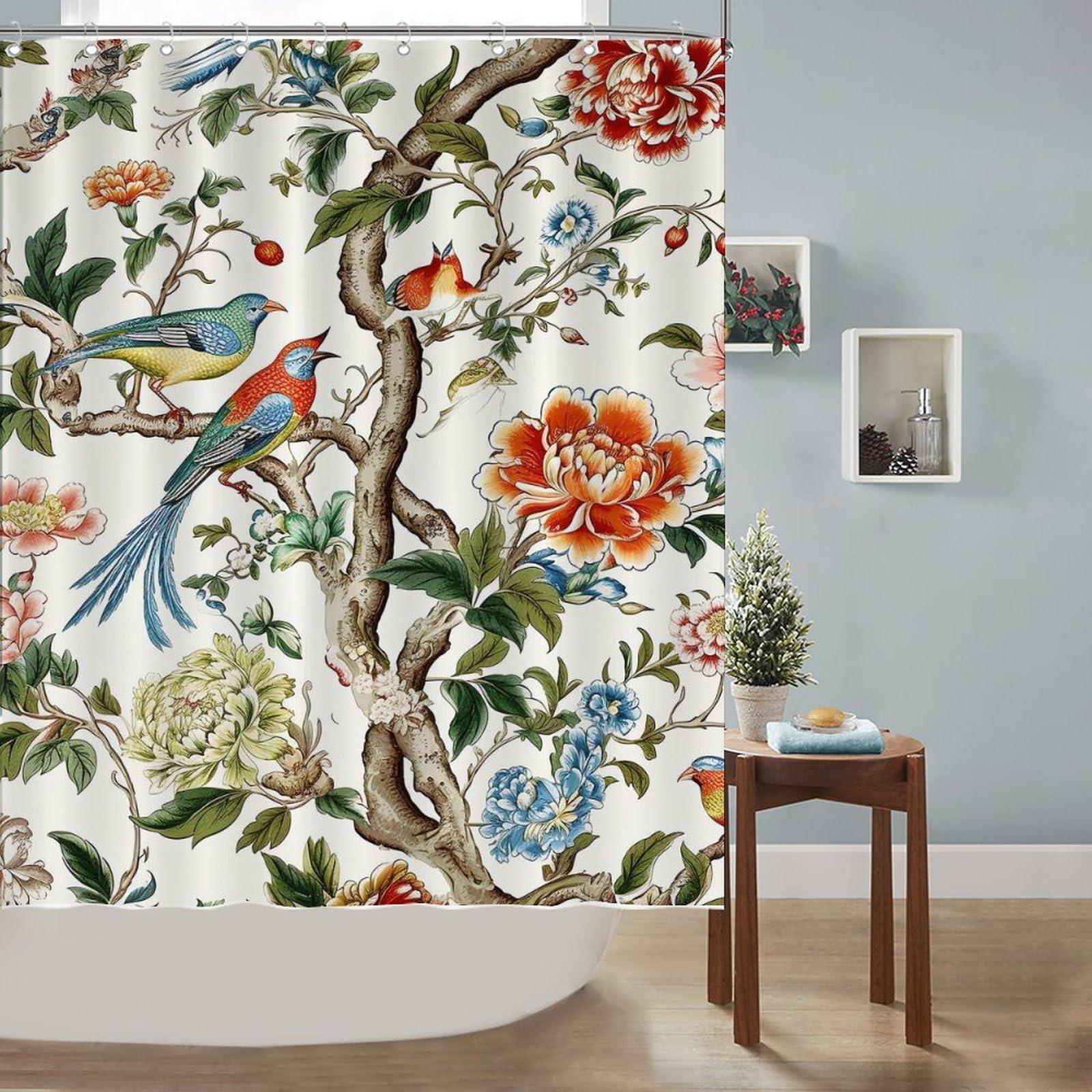 MangGou MangGou Asian Scenic Chic Chinoiserie Shower Curtain 60x72inch Bird in Peony Tree Coral Flower Polyester Bath Curtain with Hooks Red Peony Flower Animal Bird Waterproof Bathroom Shower Curtain