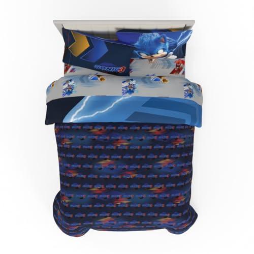 Franco Franco Sonic The Hedgehog 3 Movie Kids Bedding Super Soft Comforter and Sheet Set, 4 Piece Twin Size, (Officially Licensed Product)