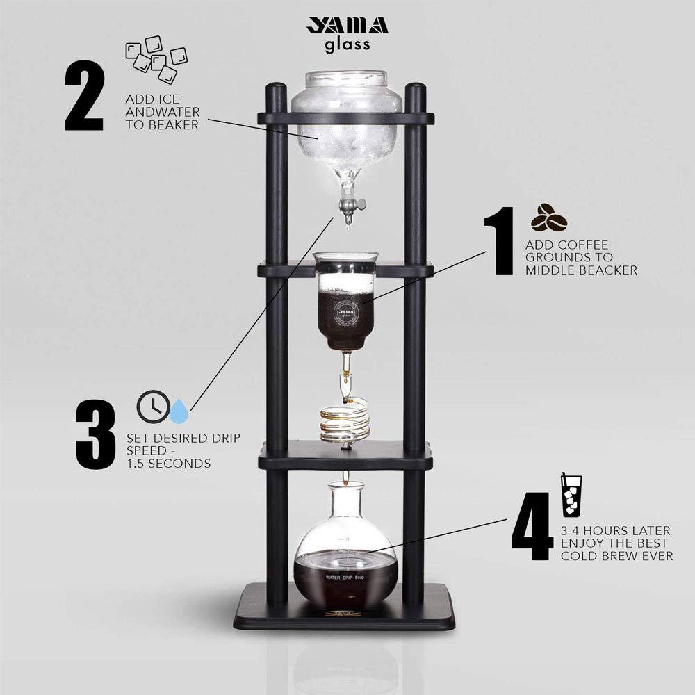 Yama Glass Yama Cold Brew Maker I Ice Coffee Machine With Slow Drip Technology I Makes 6-8 cups (32oz), Large Capacity Cold Brew Coffee Tower, Black Wood Straight Frame