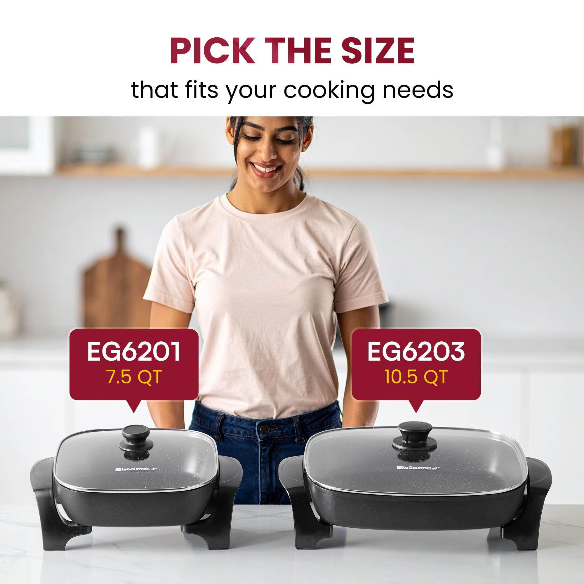 Elite Gourmet Elite Gourmet EG6203 Extra Deep 16"x13"x3.2" (10.5Qt.) Scratch Resistant, Easy Pour Spout, Dishwasher Safe, Non-stick Electric Skillet with Vented Glass Lid, Adjustable Temperature, Black