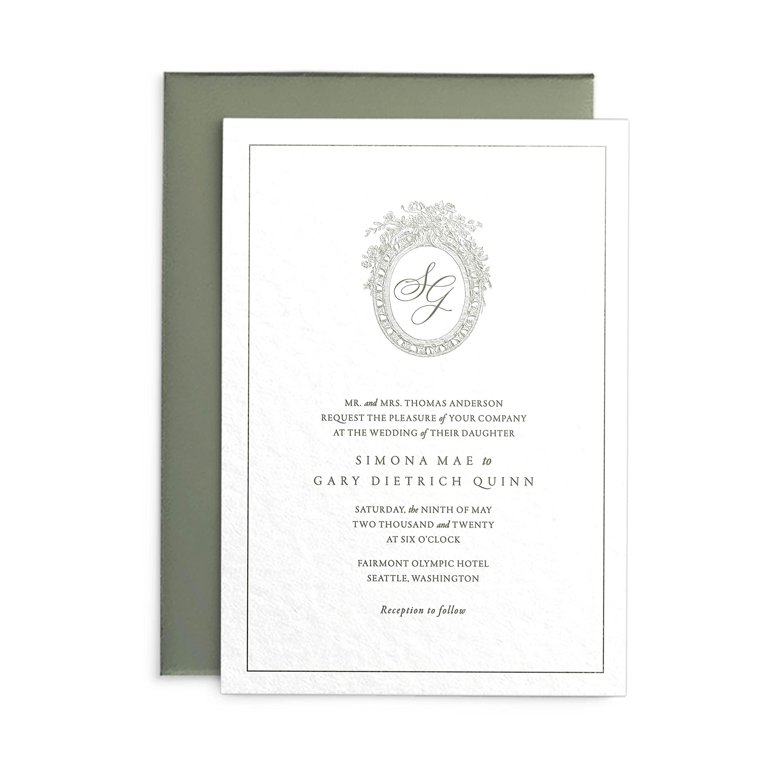 marsupial papers Letterpress Wedding Invitations | Customizable Elegant, Floral, Custom Printed | Simona Wedding Invitation with RSVP Envelopes Details Cards (Set of 150, Package 3)
