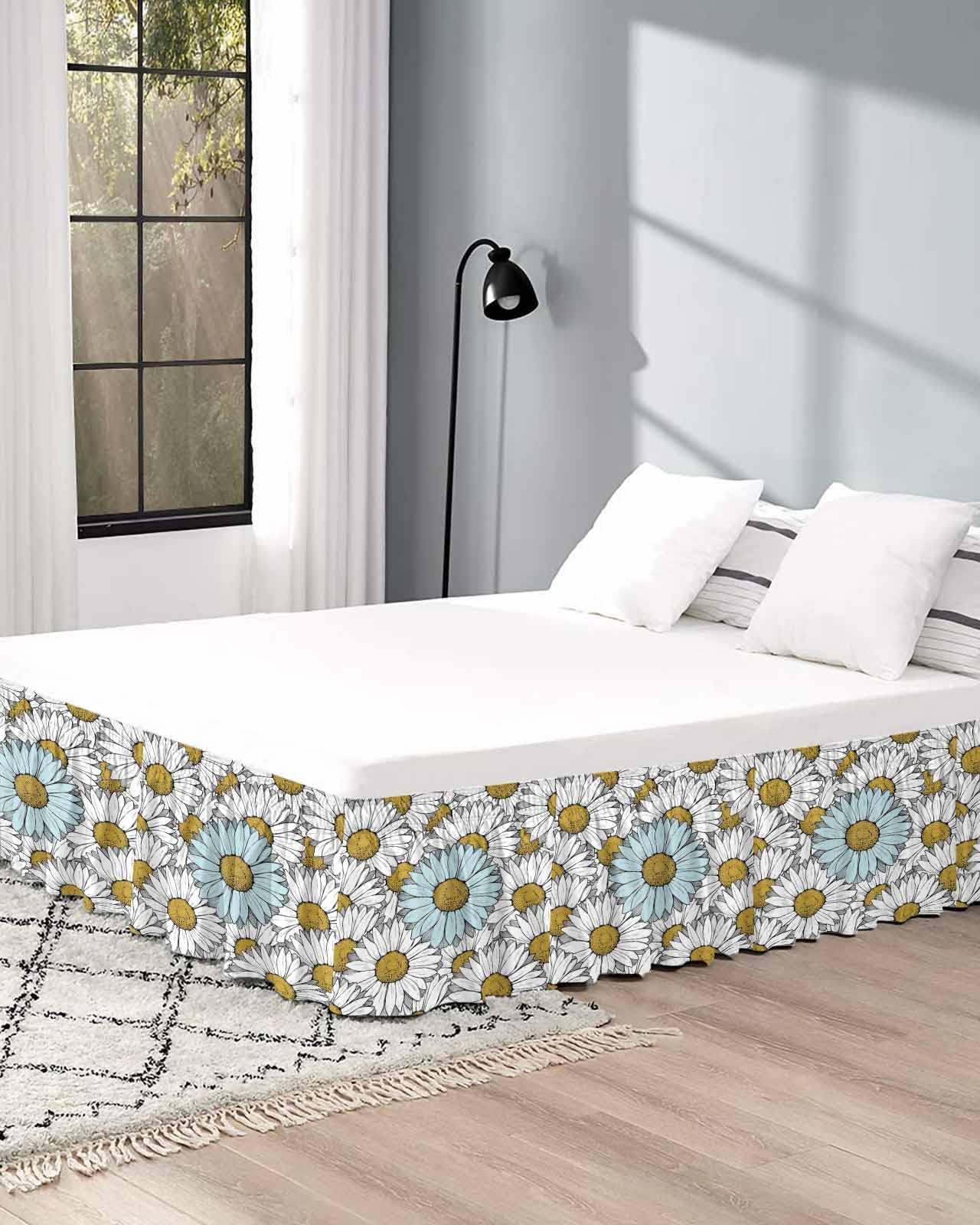 RisQiten Spring Floral Bed Skirt Queen Size 18 Inch Drop, Adjustable Elastic Bedskirt Dust Ruffle for Queen Bed, Teal White Daisy Summer Botanical Flower Wrap Around Bed Skirts Pleated Bed Frame Cover