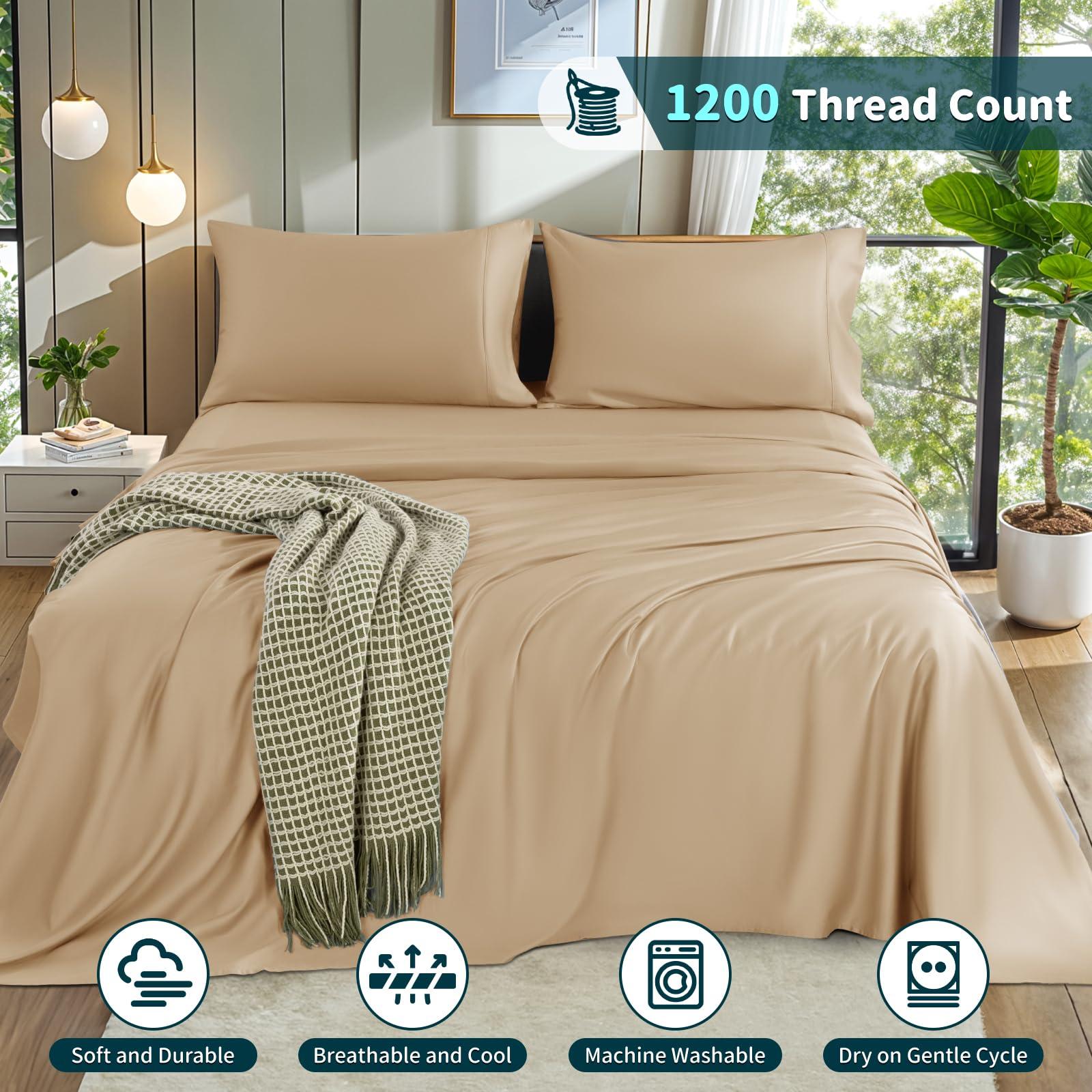 LBRO2M LBRO2M 100% Cotton 1200 Thread Count Full Size Sheets Set,16 inches Deep Pocket,Bed Sheet 4 Piece Sets (Full, Cream)