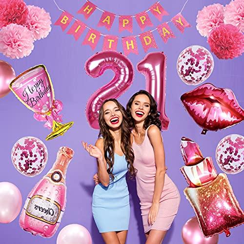 Crenics Crenics 21st Birthday Decorations for Her - Rose Pink Happy Birthday Banner, Pom Poms, 21 Number Balloon, Lipstick Champagne Balloons and 24 Latex Balloons for 21st Girls Women Birthday Party Supplies