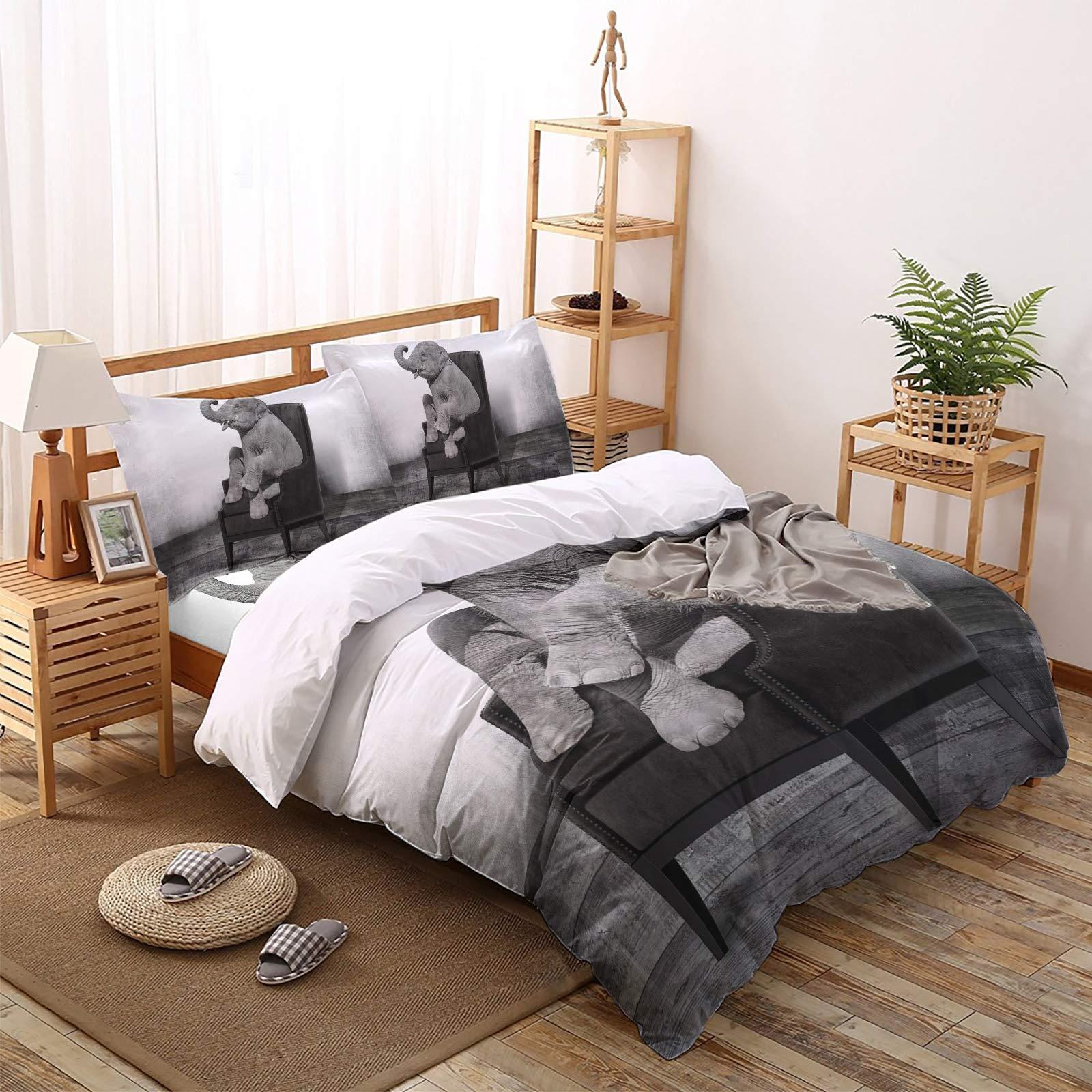 Debedcor Twin Comforter Covers Sets Elephant on The Chair 4 Piece Duvet Cover Set Lightweight Microfiber Soft Bedding Set for Adult Teen, White Black Backdrop