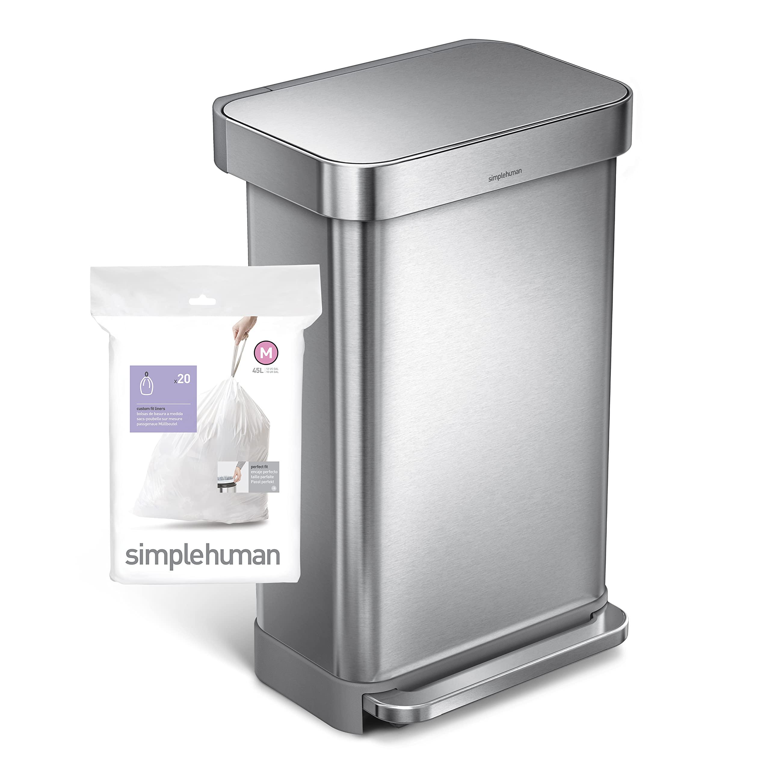 simplehuman simplehuman Code M 60 Count, Genuine Custom Fit Liners, Drawstring Trash Bags in Dispenser Packs, 45 Liter / 11.9 Gallon, White