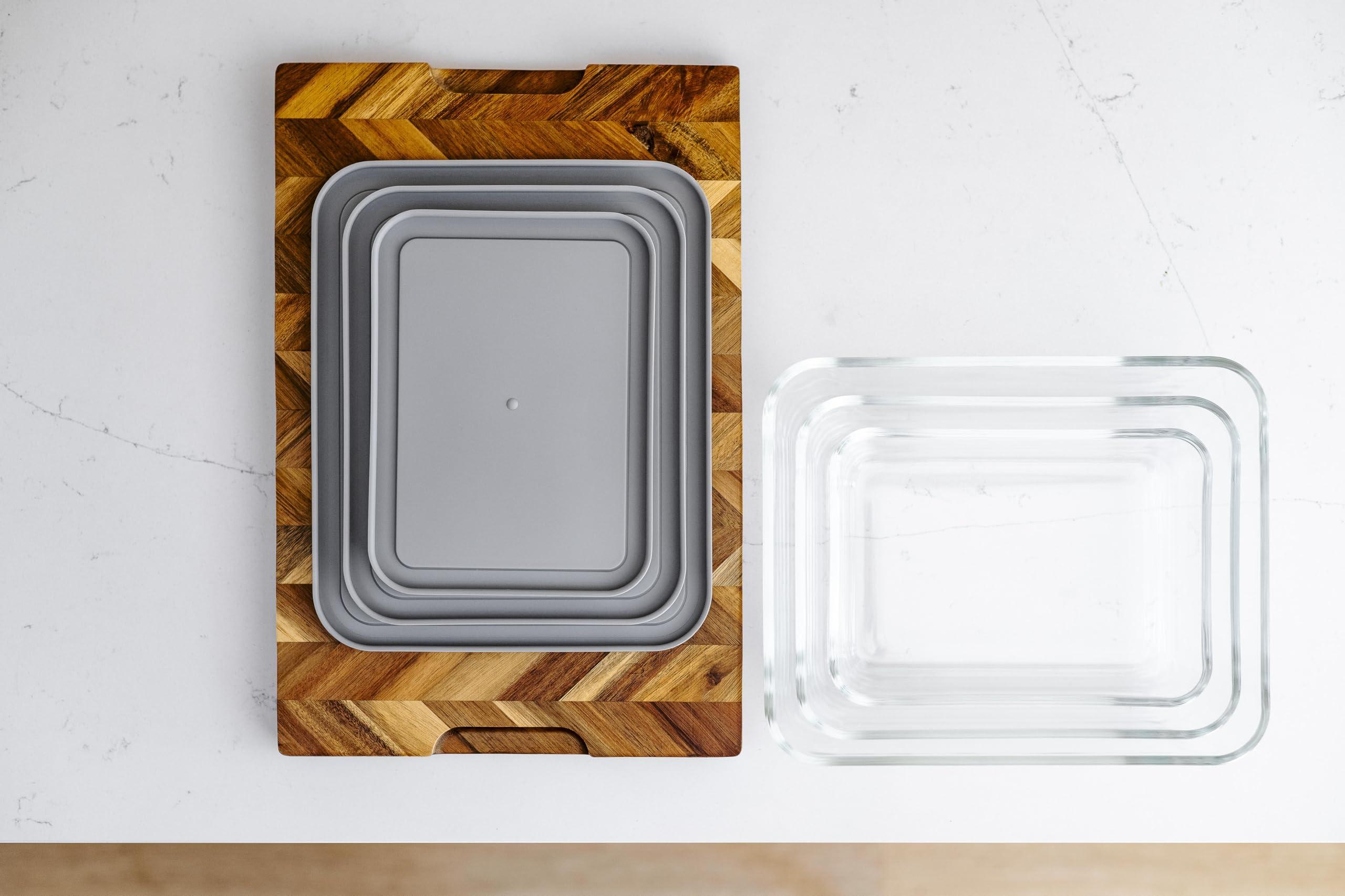 DURA LIVING DURA LIVING 6-Piece Glass Food Storage Containers Set (3 Containers + 3 Lids) |Rectangular, Nesting, Microwave & Dishwasher Safe | BPA-Free, Space-Saving | Grey Lids for Pantry & Kitchen Organization