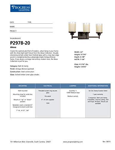 Progress Lighting Progress Lighting Alexa Collection 3-Light Etched Umber Linen with Clear Edge Glass Modern Bath Vanity Light Antique Bronze