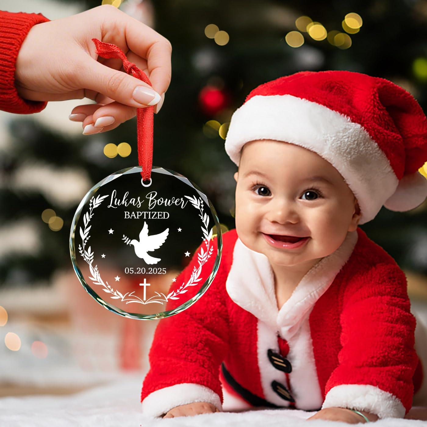 Cenluxy Baptized Glass Ornament Christmas, Personalized Baptism Ornament, Christening Xmas Ornament Gift for Godson Goddaughter from Godparents, Custom Name & Date Christening Ornament, Baby Baptism Ornament