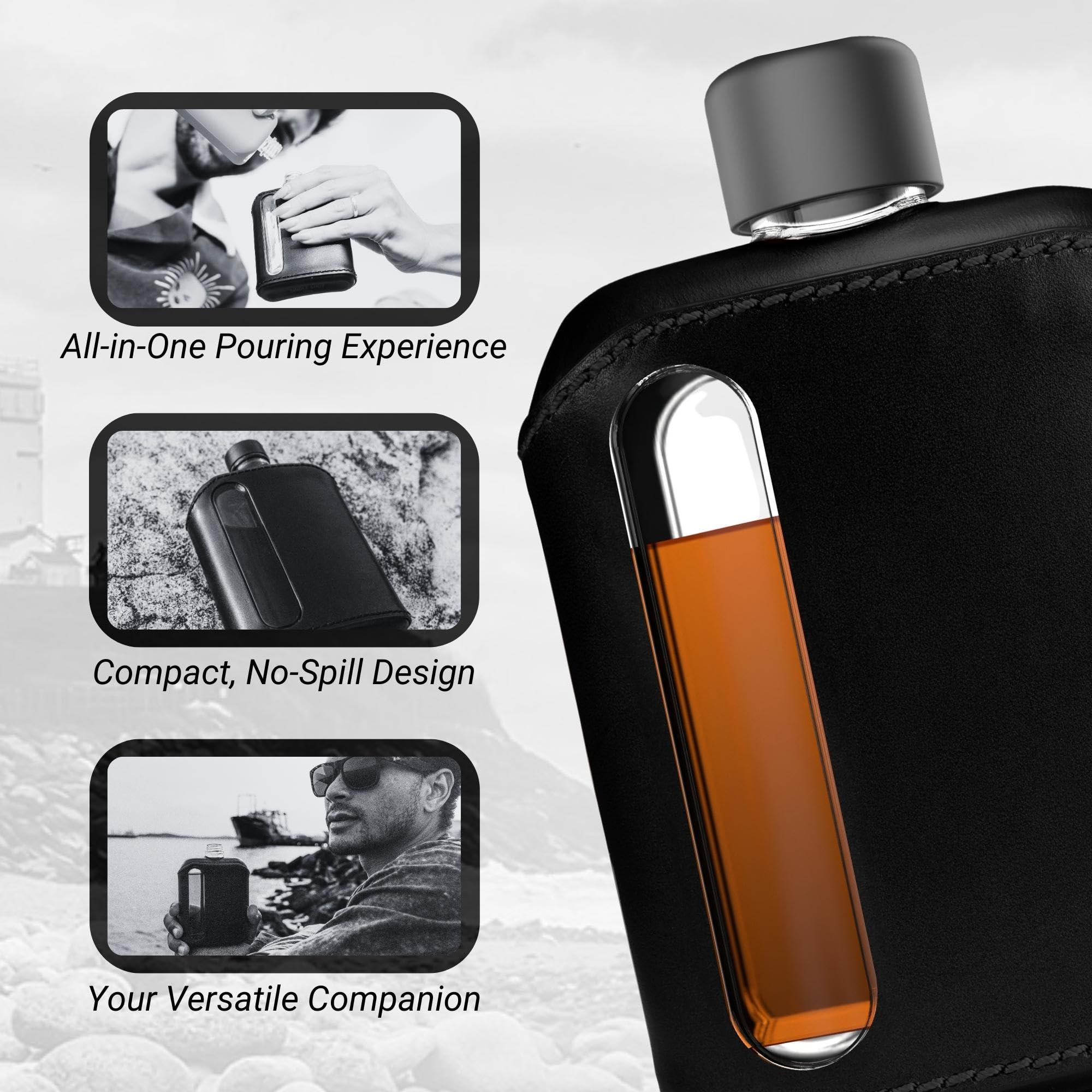 Ragproper Ragproper Modern Glass Hip Flask - Durable Leather Covered Flask for Whiskey, Spirits, & Other Liquor - Ideal Glass Flask for Men & Women (Single Shot 100ml + Double Shot 240ml, Leather Black)