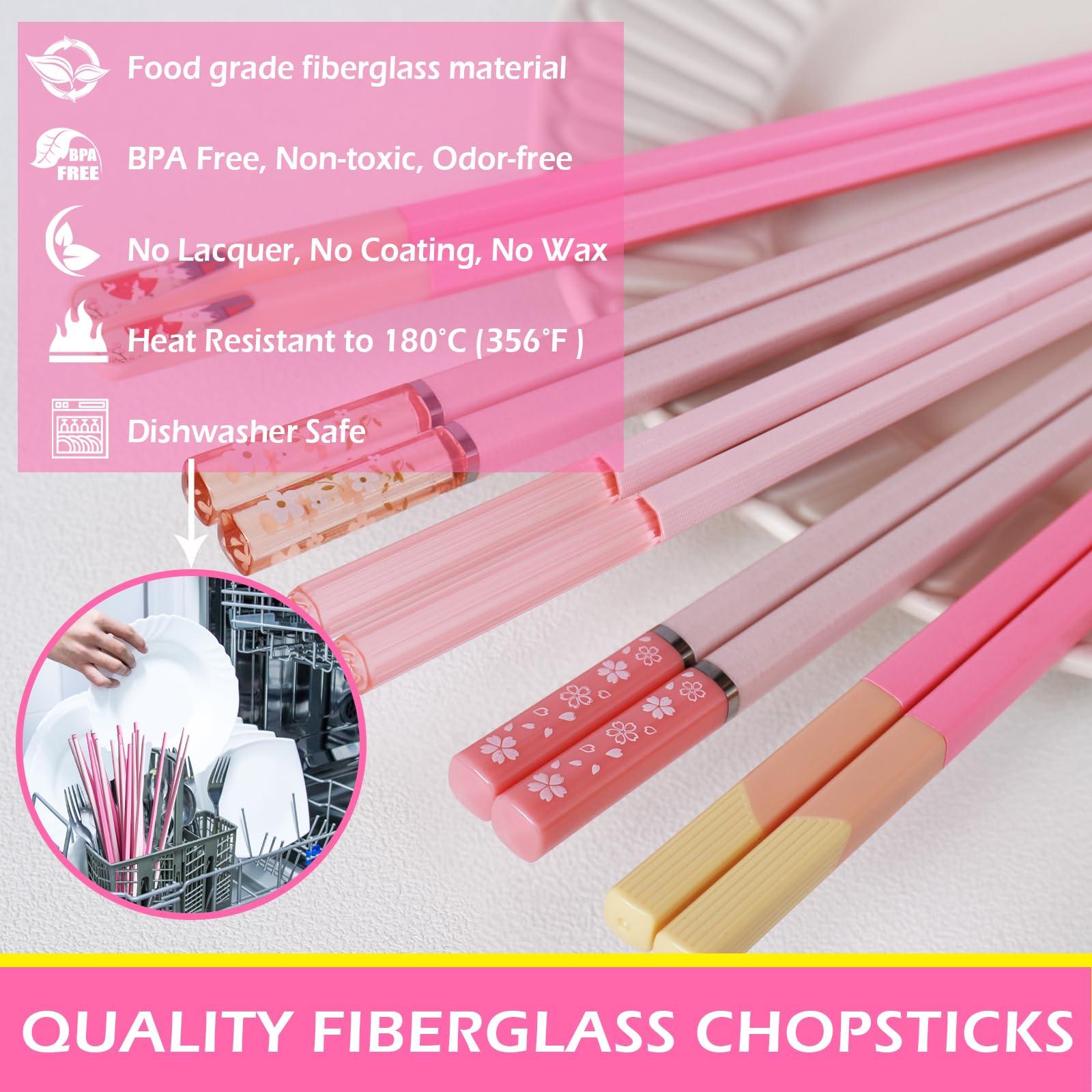 GLAMFIELDS Chopsticks Reusable Dishwasher Safe, GLAMFIELDS 10 Pairs 9.5 Inches Premium Fiberglass Chop Sticks Set for Sushi, Ramen, Asian Cuisine, Non-slip, Pink