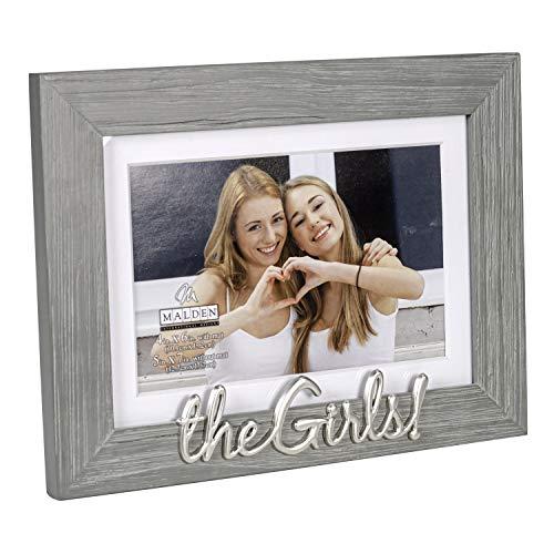Malden Malden International Designs 4x6 or 5x7 The Girls! Distressed Expressions Picture Frame Silver Finish The Girls! Word Attachment Gray Textured Wood Grain Finish MDF Frame White Beveled Mat
