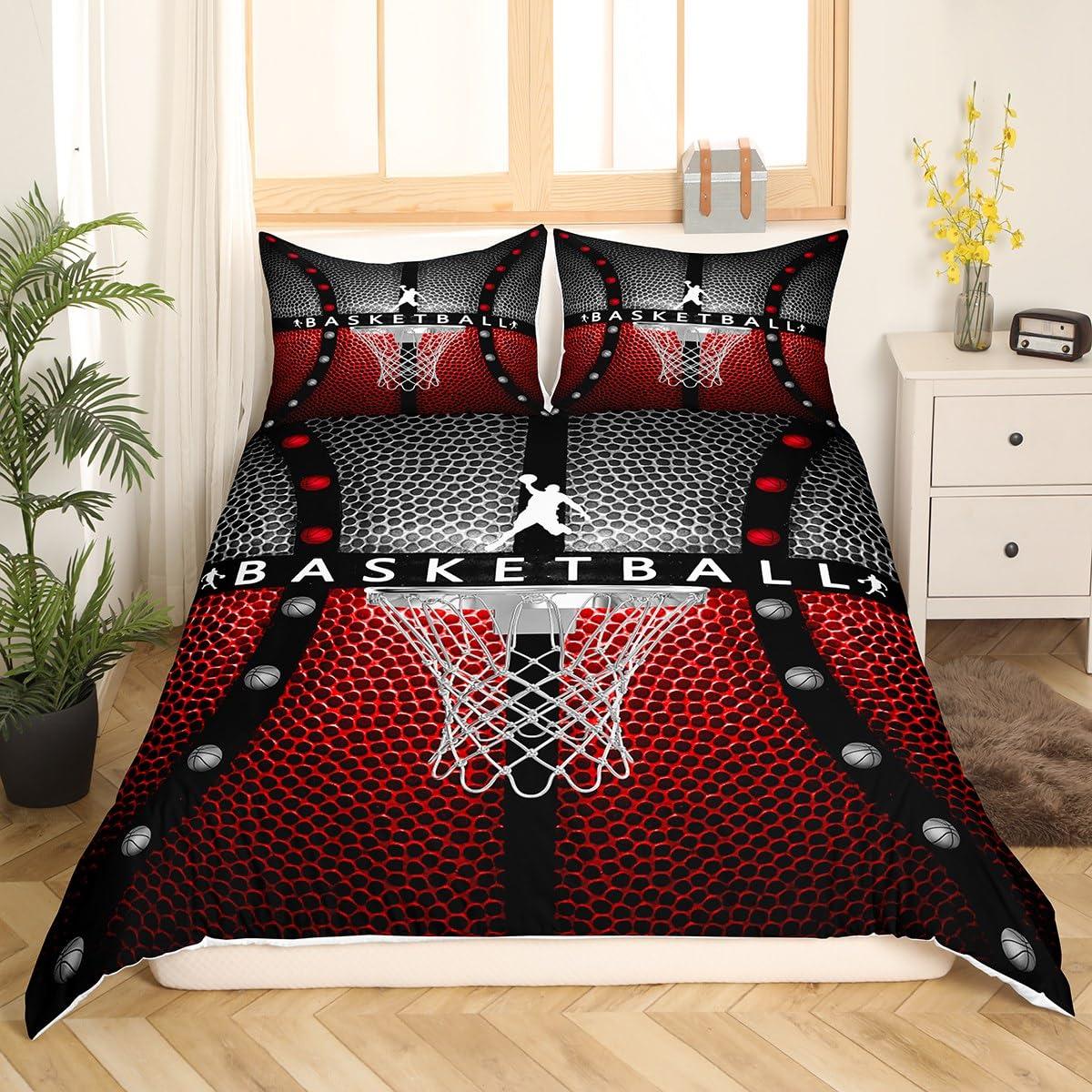 Feelyou Basketball Comforter Cover Full Size Basketball Gaming Duvet Cover Basketball Frame Black with Red Bedding Set for Kids Boys Girls Sports Game Bedspread Cover Lightweight Bedclothes (No Comforter)