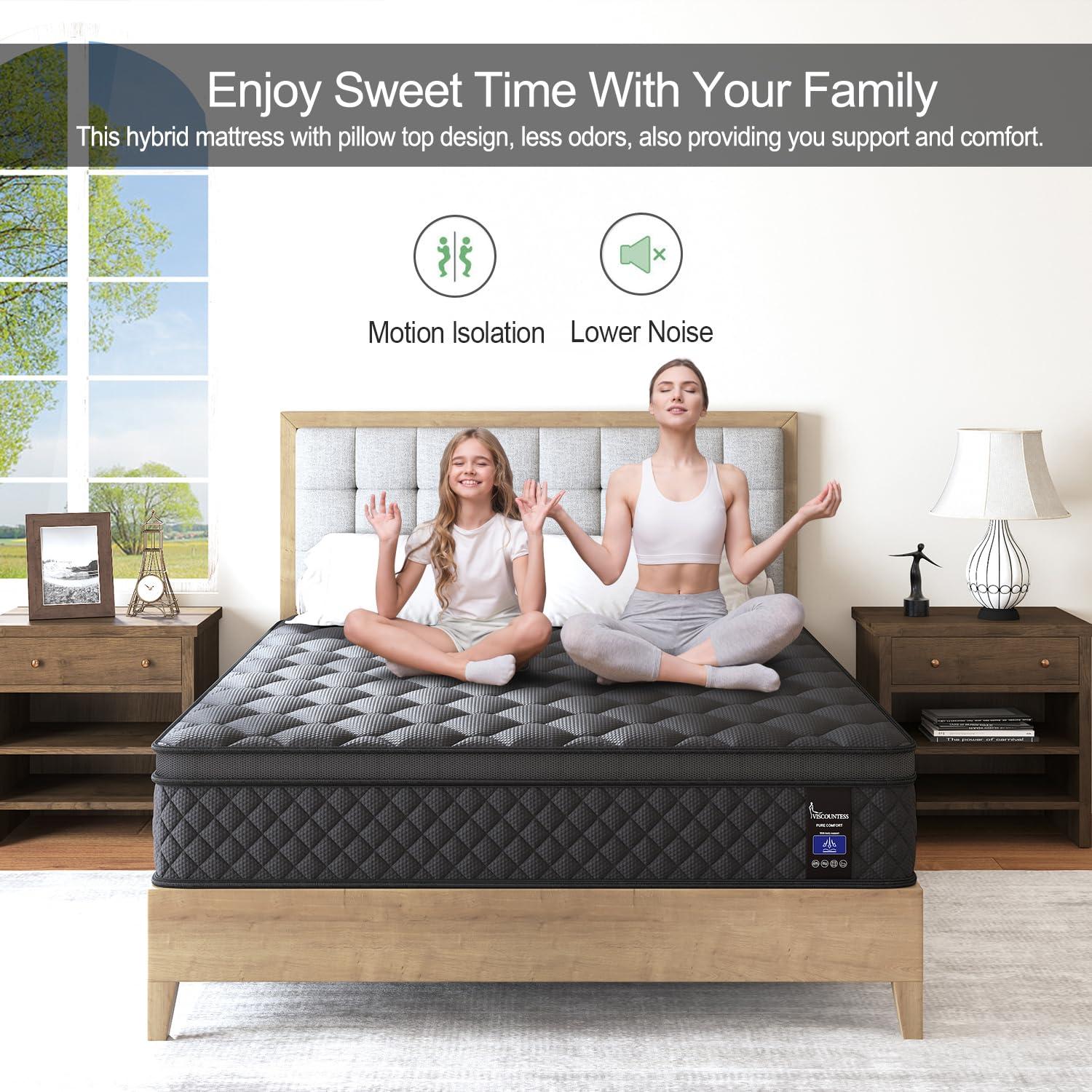 VISCOUNTESS VISCOUNTESS Hybrid Mattress, Euro Top Mattress Medium Firm for Motion Isolation & Pressure Relief, 100 Night Trial, Individual Pocket Spring Bed (14inch, King)