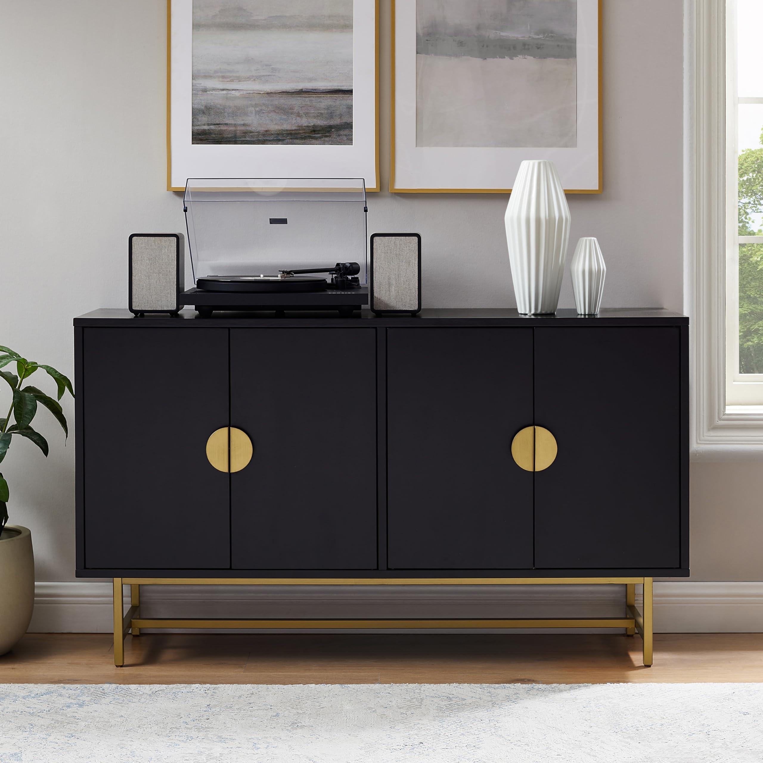 Crosley Furniture Crosley Furniture Blair Mid-Century Modern Sideboard Buffet Cabinet with Storage, Living Room Credenza, Black/Gold