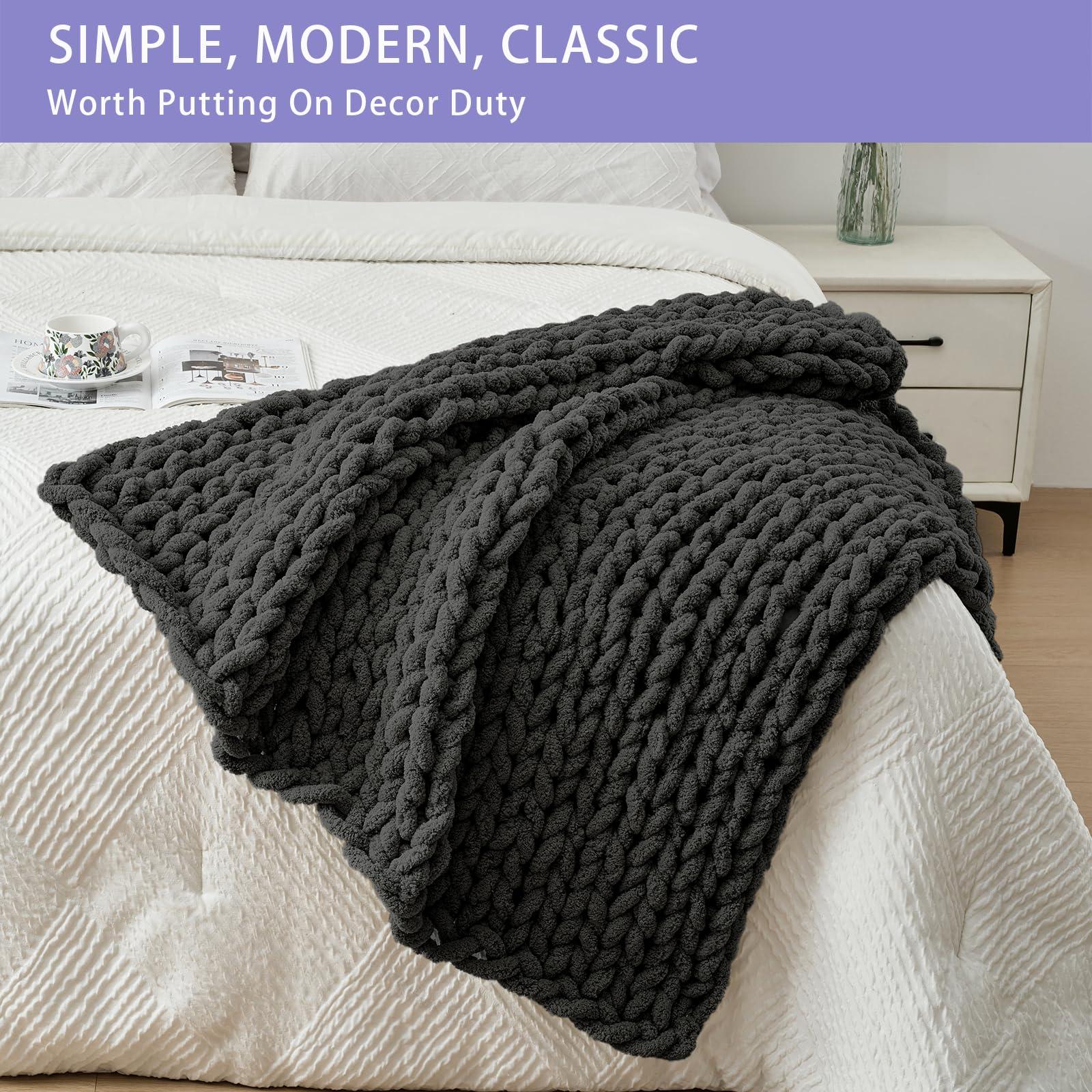Bigacogo Bigacogo Chunky Knit Throw Blanket for Couch, 40x40 inches, 100% Hand Knitted with Thick Jumbo Chenille Yarn, Cozy Soft Large Rope Knot Cable Crochet Blankets for Sofa Bed Living Room, Dark Grey