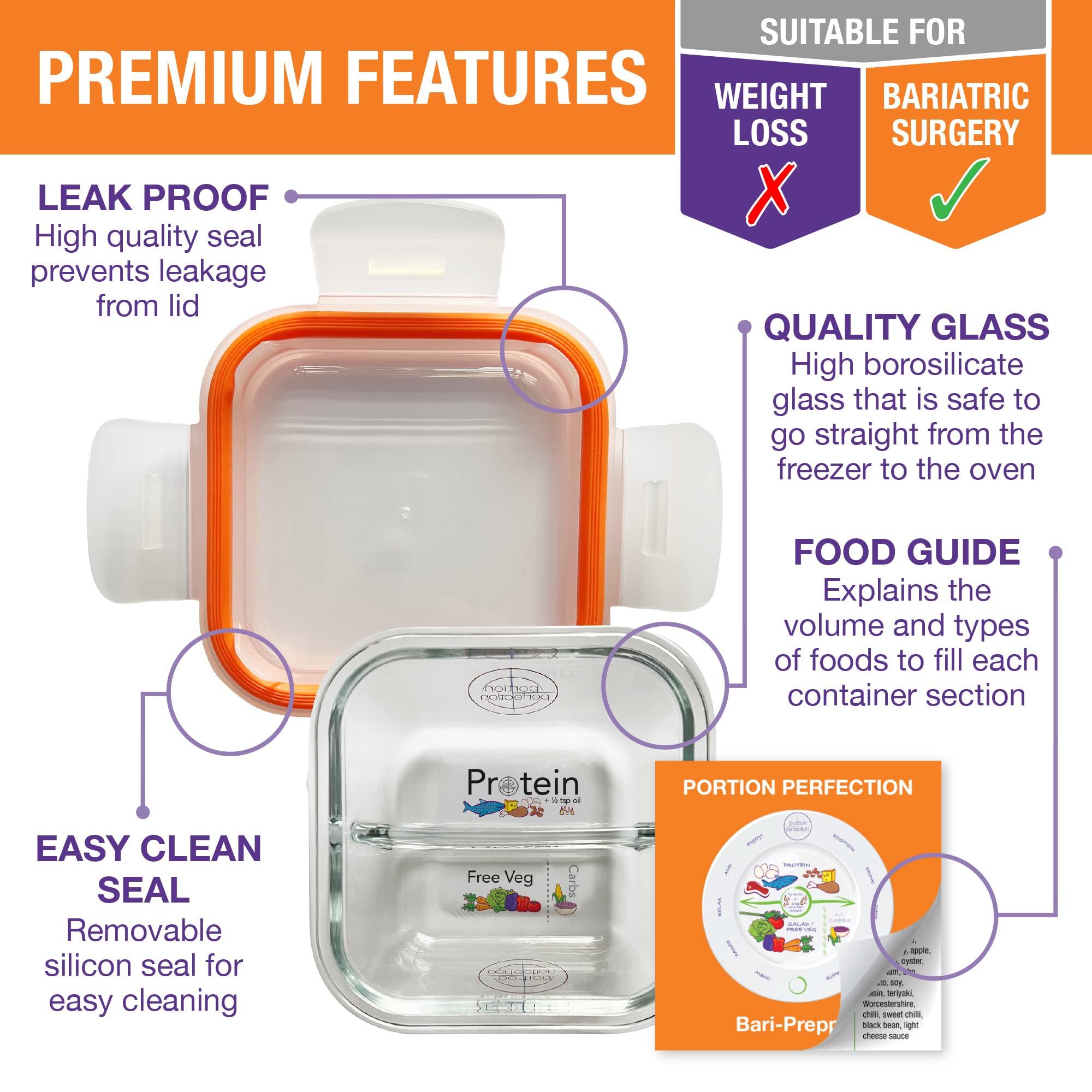 Portion Perfection Bariatric Portion Control Lunchbox/Meal Prep Glass Containers 3pk with 100 Cal Snack Container Set, Practical Meal Prep, Gastric Sleeve, Bypass or Band with Protein, Carbs & Veg