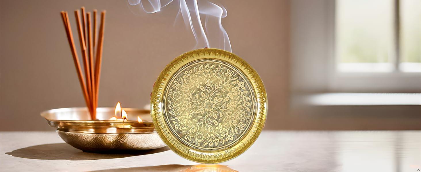 KASHVIYA KASHVIYA 10 Inch Pure Brass Pooja Thali Set Pital Puja Plate Arti Thali Traditional Handcrafted for Pooja Home Office Mandir Gift Items Gold