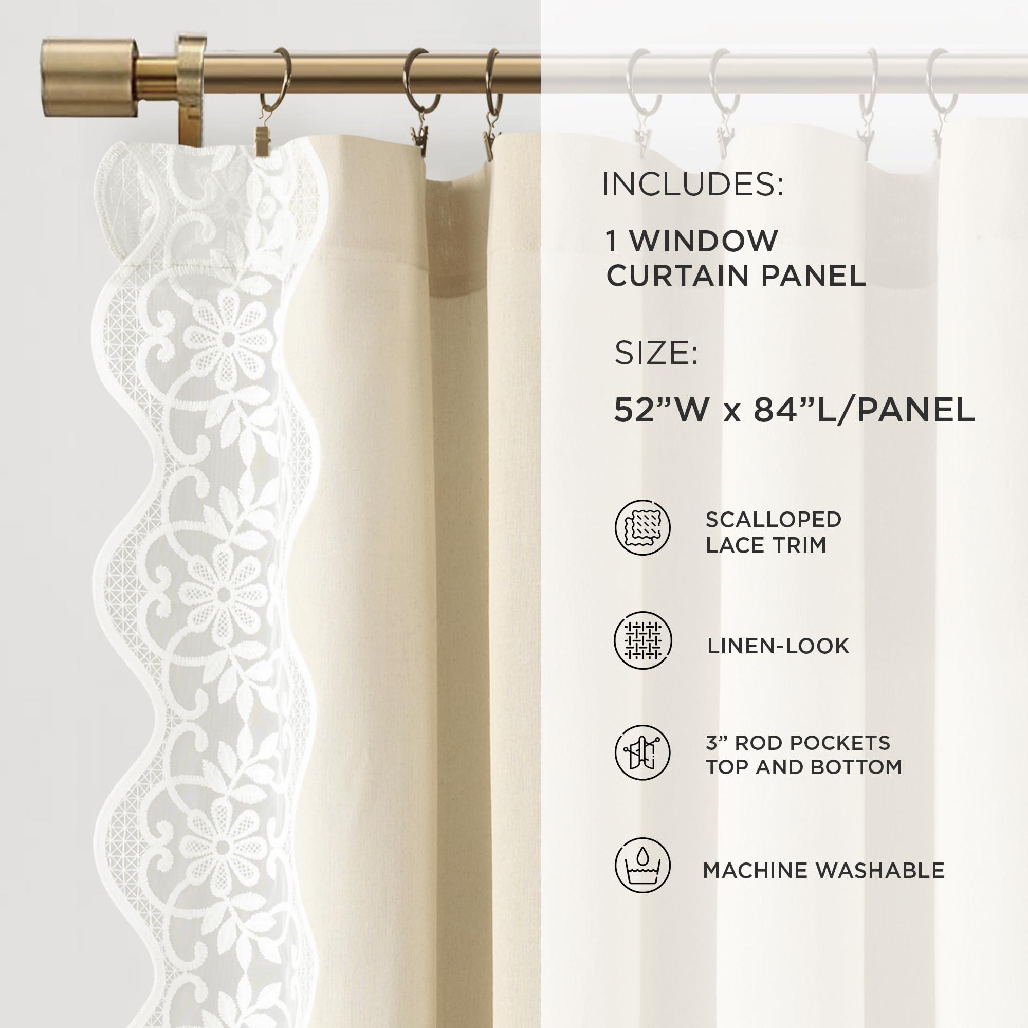 Lush Decor Lush Decor Scallop Edge Lace Border Window Curtain Panel, Single, 52" W x 84" L, Neutral & Off White - Lace Curtains - Scalloped Lace Trim- Vintage Curtains for Bedroom, Living or Dining Room