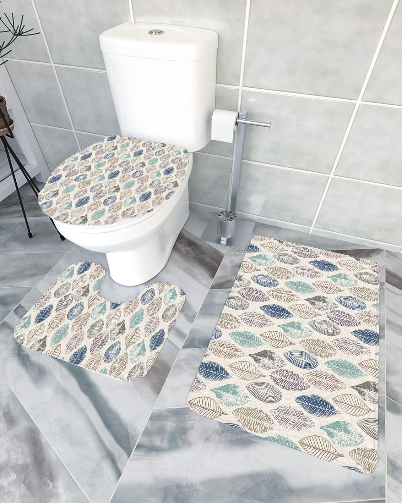 Houseown Houseown Farmhouse Bathroom Rugs Mat Sets 3 Piece, Leaves Specimens Blue Khaki Teal Purple Burlap Background Bathroom Decor Mat Set with Non-Slip Rug, Toilet Lid Cover and Bath Mat Accessories