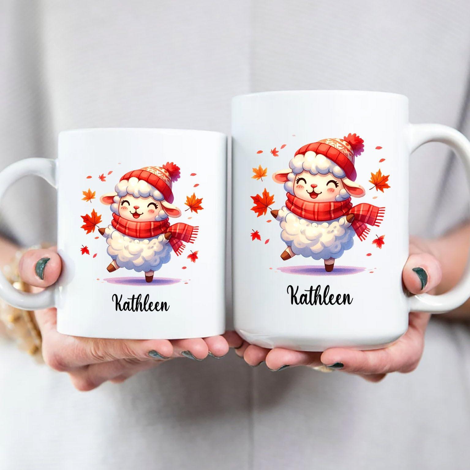 Cenluxy Baby Sheep Coffee Mug, Personalized Name Autumn Sheep Mug Gift, Sheep Animal Cup, Customized Sheep Ceramic Mug Gifts For Sheep Lovers Birthday, Cute Sheep Travel Mugs, Sheep White Tea Cup 11Oz 15Oz