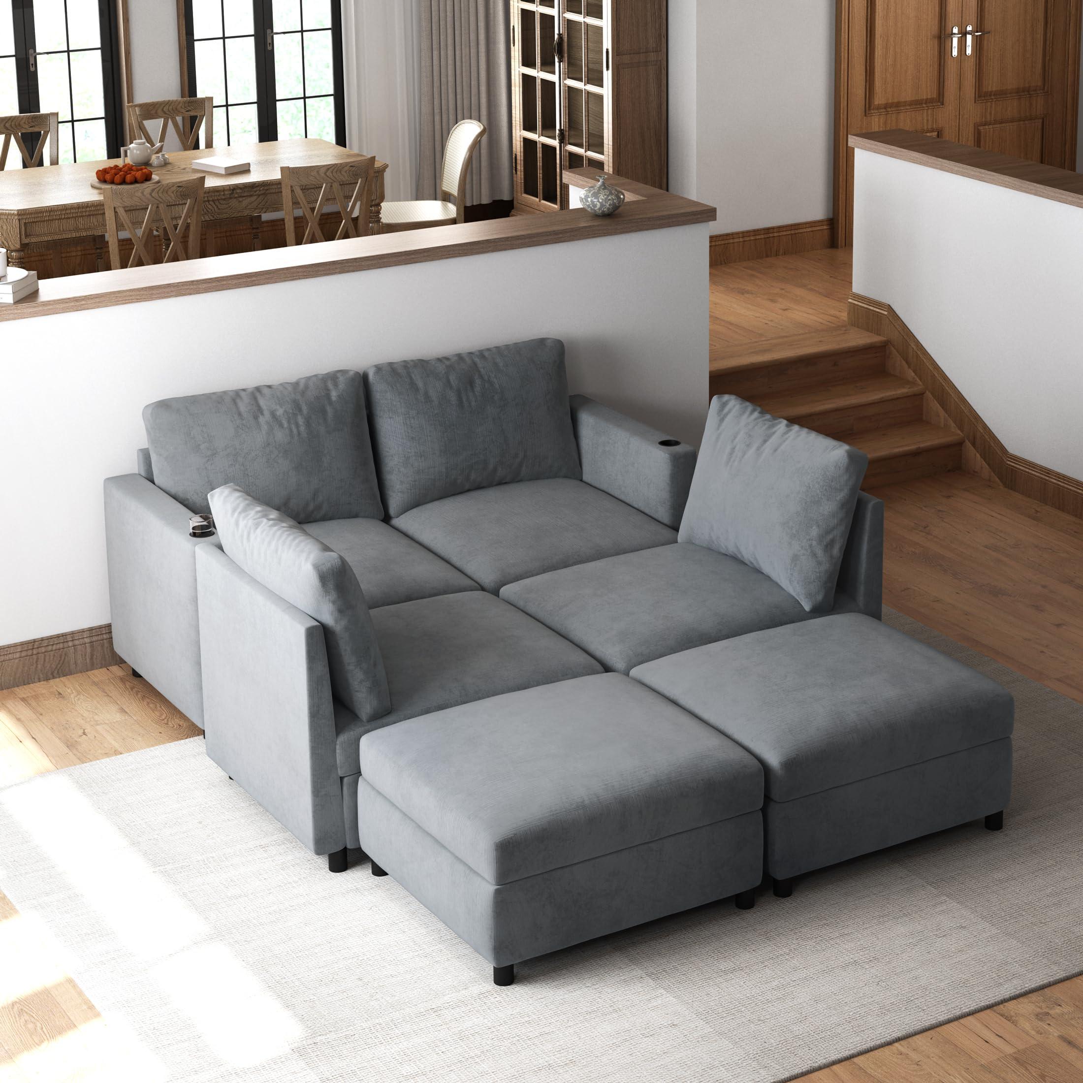 DEINPPA DEINPPA U-Shape Modular Sectional Couch with Storage Compartment, 6-Seat Sectional Sofa Couch with Ottoman, Sleeper Sectional Couch for Living Room Chenille Fabric-Grey
