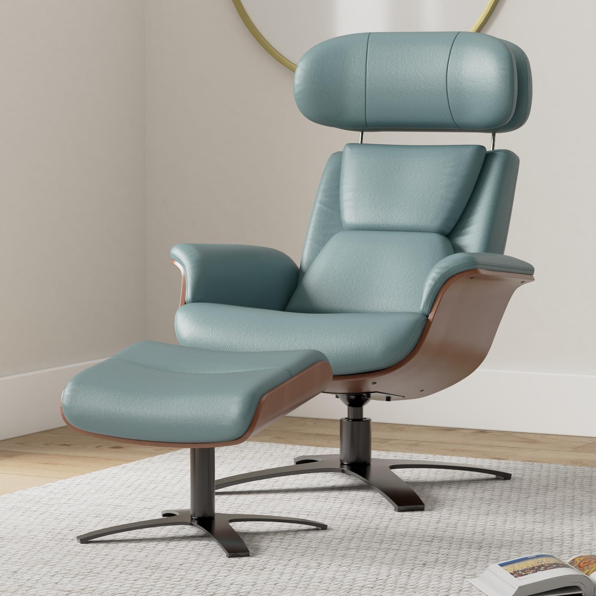 CHITA CHITA Genuine Leather Reclining Swivel Chair with Adjustable Headrest and Ottoman for Living Room, Teal