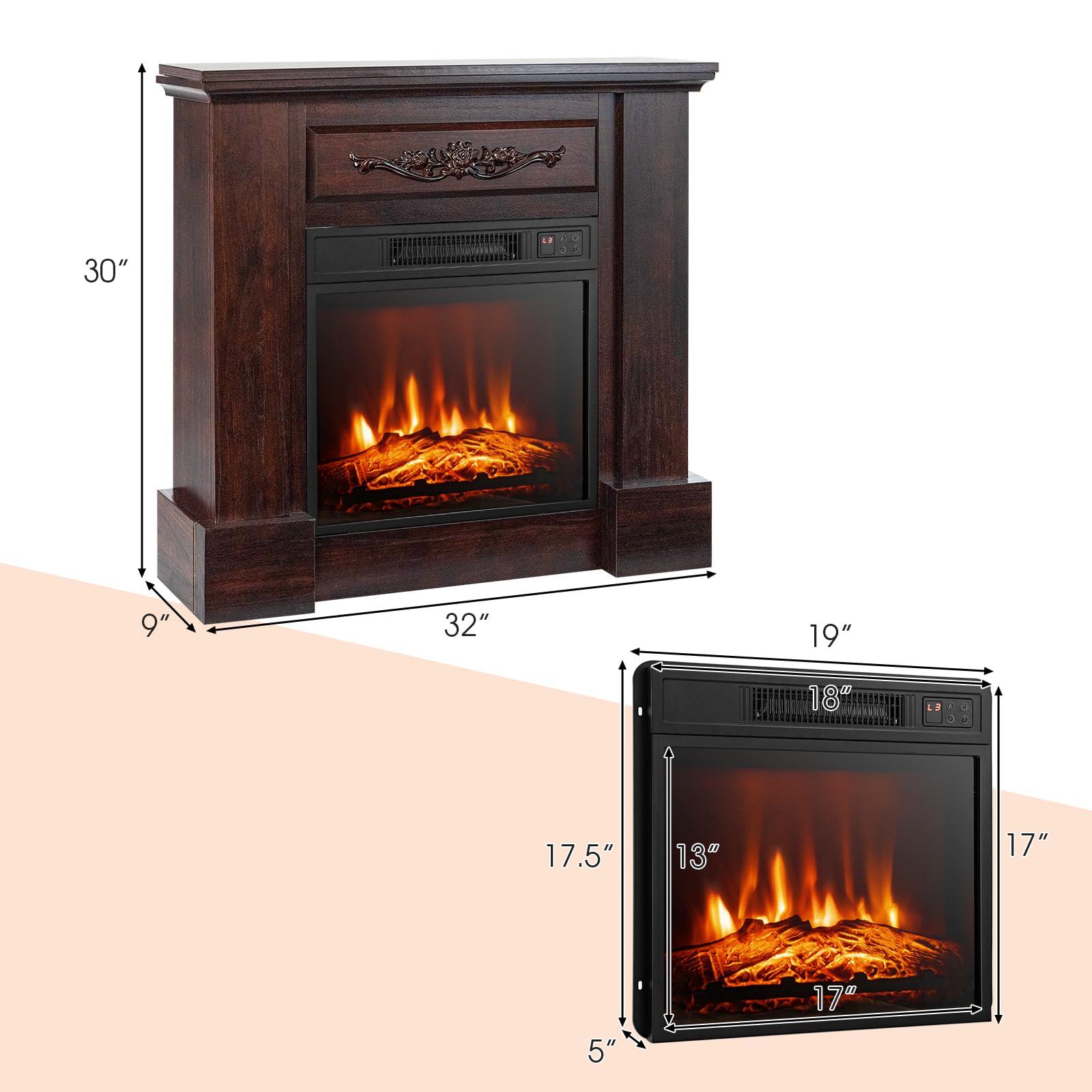 Tangkula Tangkula 1400W 32 Inches Electric Fireplace with Mantel, Freestanding Fireplace Heater with 3D Flame Effect, Remote Control, Thermostat, 6H Timer, Overheat Protection (Brown)