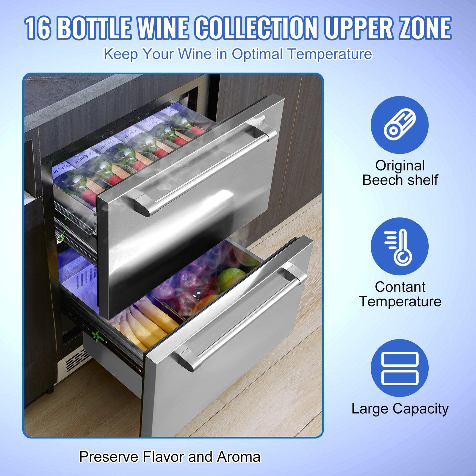 FITTG FITTG 24-inch Undercounter Refrigerator 2 Drawer Wine Refrigerator 4.87 Cu.ft. Capacity Waterproof Indoor Outdoor Under Counter Drawer Fridge Home Commercial Use, None*None*None, silver, 102XBV003151