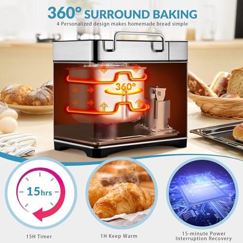 KEEPEEZ 17-IN-1 All Stainless Steel Bread Maker, 2LB Bread Machine BPA-Free Non-Stick 5-Layer Superior Die-Cast Ceramic Pan, Auto Fruit Nut Dispenser, 2 Paddles & Full Touch Panel,15H Timer&Keep Warm, Recipes