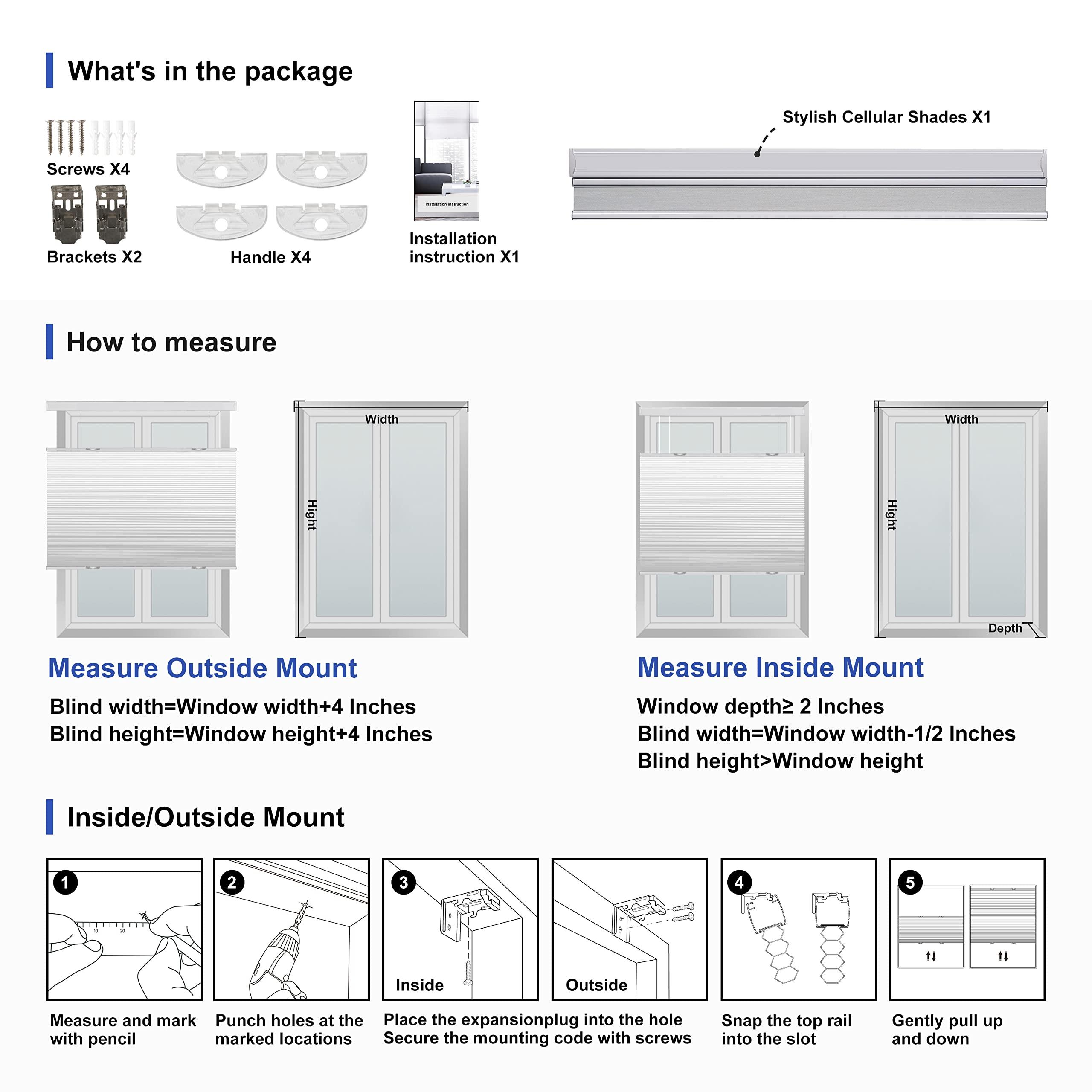 HOTSOON Top Down and Bottom Up Blackout Cellular Shades Cordless Honeycomb Shades HOTSOON Honeycomb Blinds for Windows Custom Cut to Size, White, 28" W x 56" H