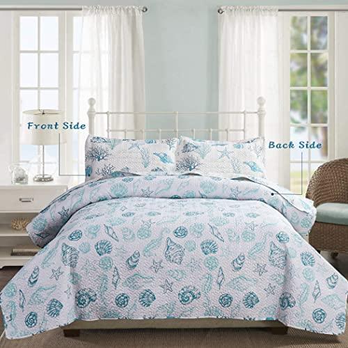 Junsey Junsey 3Pcs Ocean Theme Quilts Set Full/Queen Size Lightweight Coastal Bedding Beach Theme Bedspread Coverlet All Season Nautical Bed Sheet with 2 Pillowshams(Light Blue, Full/Queen)