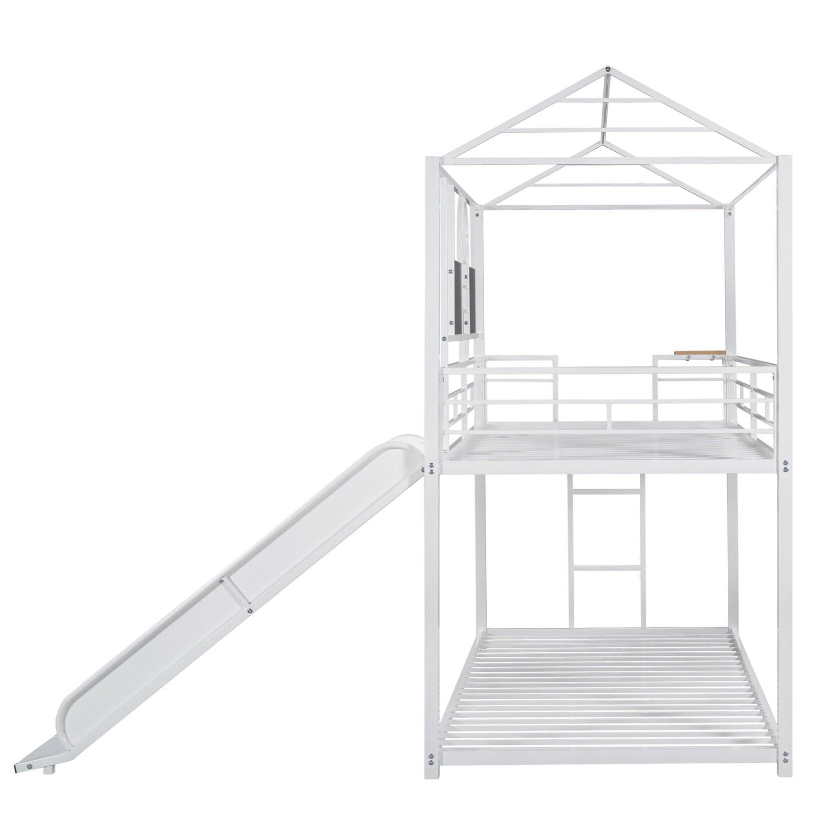 TURRIDU TURRIDU Twin Over Twin Size House Shape Bunk Bed, Modern Metal Housebed with Slide, Metal Slats, Safety Fence and Ladder, Window Pattern Design, Space-Saving, Easy Assembly, (White with White Slide)