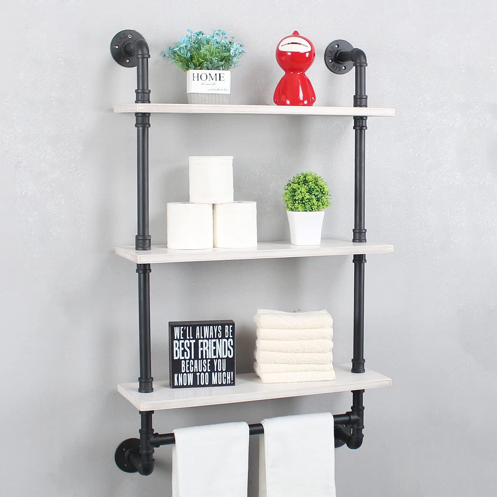 MBQQ Industrial Pipe Shelving,Iron Pipe Shelves Industrial Bathroom Shelves with Towel bar,24in Rustic Metal Pipe Floating Shelves Pipe Wall Shelf,3 Tier Industrial Shelf Wall Mounted,Black & White