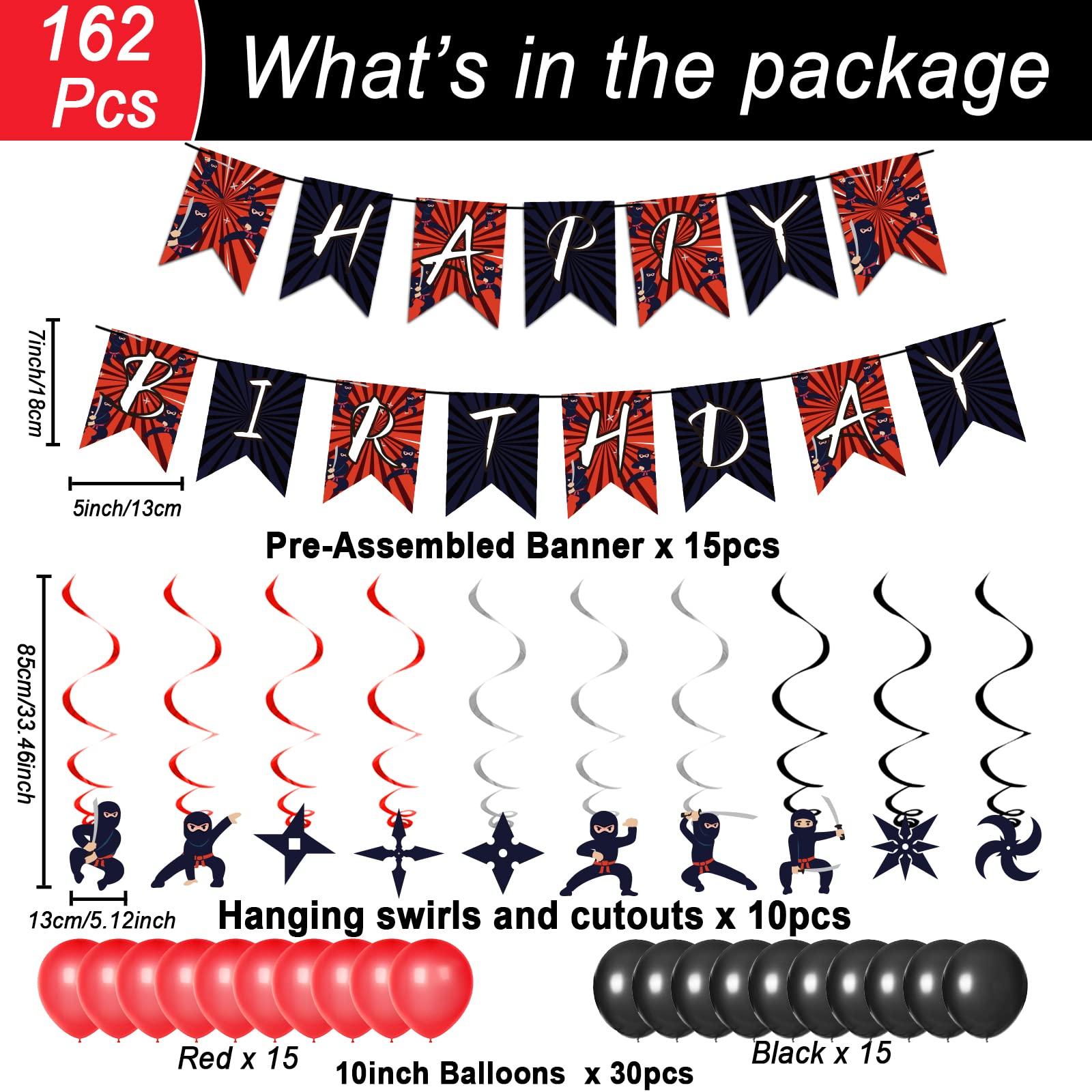 Tevxj 162 Pcs Ninja Birthday Party Decoration Set Ninja Warrior Party Supplies Kit Includes Ninja Master Tableware Tablecloth Hanging Banners Foil Swirls Cutouts Balloons for Kids Boys Karate Party Favors