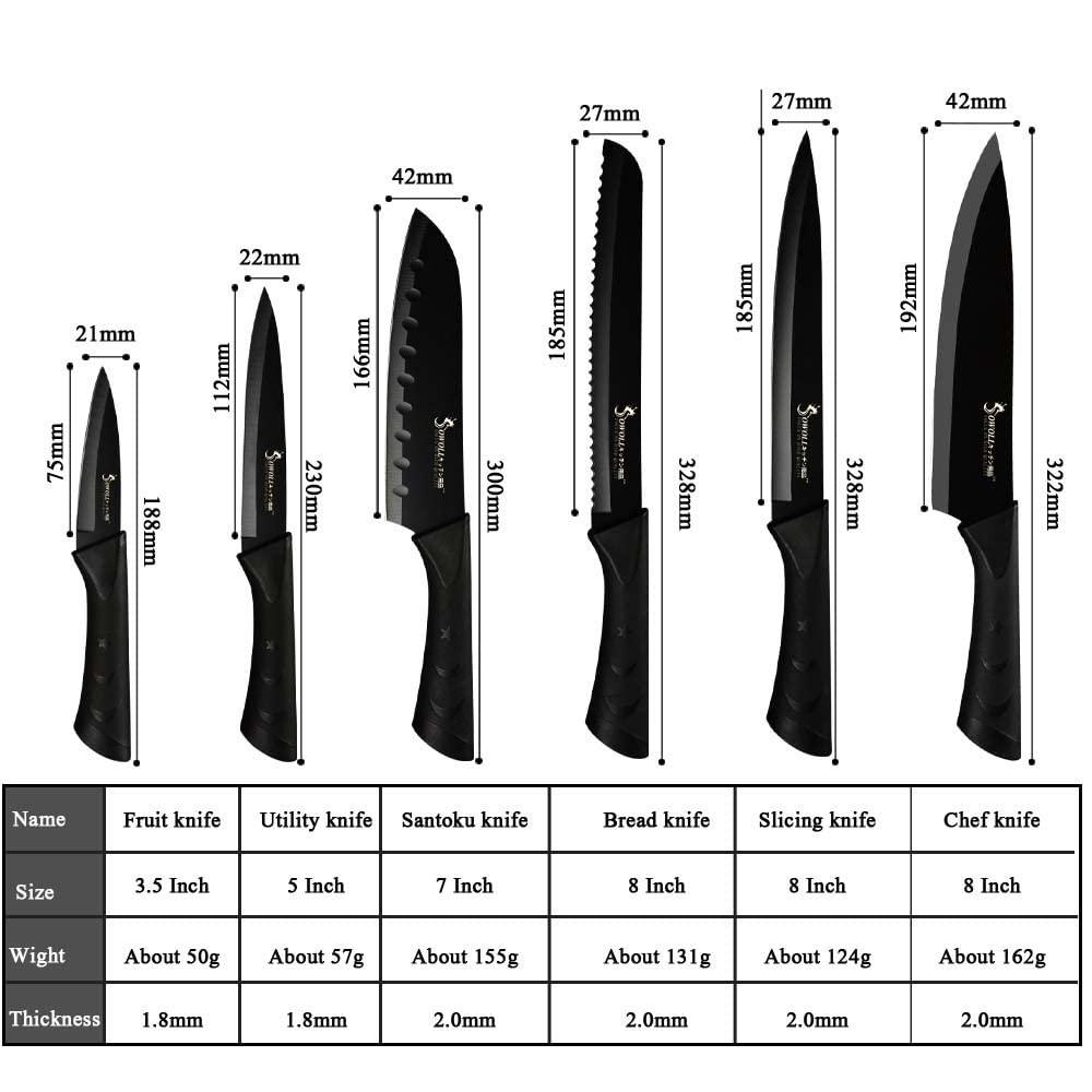 MAYiT Kitchen Knife Sets, 6pcs Black Knives Set Professional Chef Knife Tool DIY Roll Bag Portable Knives Kitchen Tools Slicing Santoku Fruit Knife with cover
