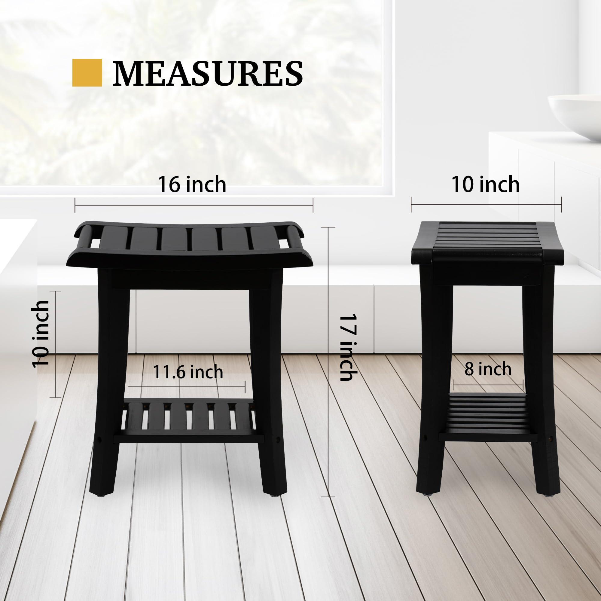 Unibambou Bamboo Shower Bench Inside Shower Stool with Storage Shelf, Spa Bath Chair for Bathroom, Seat or Organizer for Living Room, Bedroom and Garden - Great for All Ages Unisex Elderly (Small, Black)