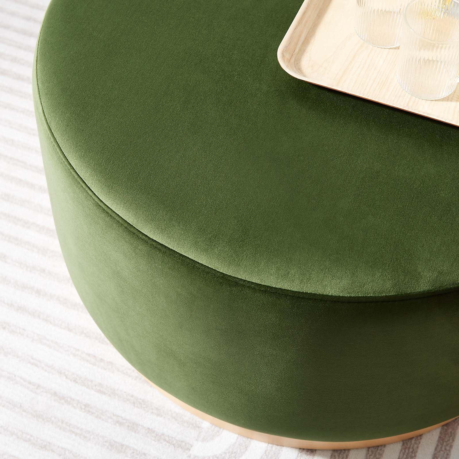 Modway Modway Tilden 29 Inch Round Performance Velvet Upholstered Ottoman in Moss Green Natural - Round Ottoman Coffee Table for Living Room - Large Ottoman Foot Rest with Rubberwood Plinth Base