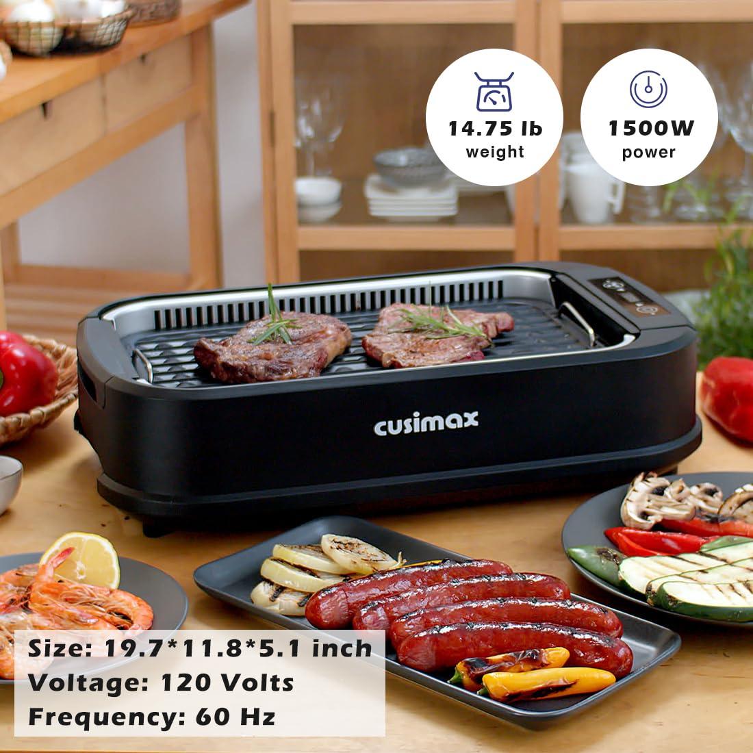 CUSIMAX Smokeless Grill Indoor, CUSIMAX Electric Grill, 1500W Grill Portable Korean BBQ Grill with LED Smart Display & Tempered Glass Lid, Non-stick Removable Grill Plate, Dishwasher Safe, Black