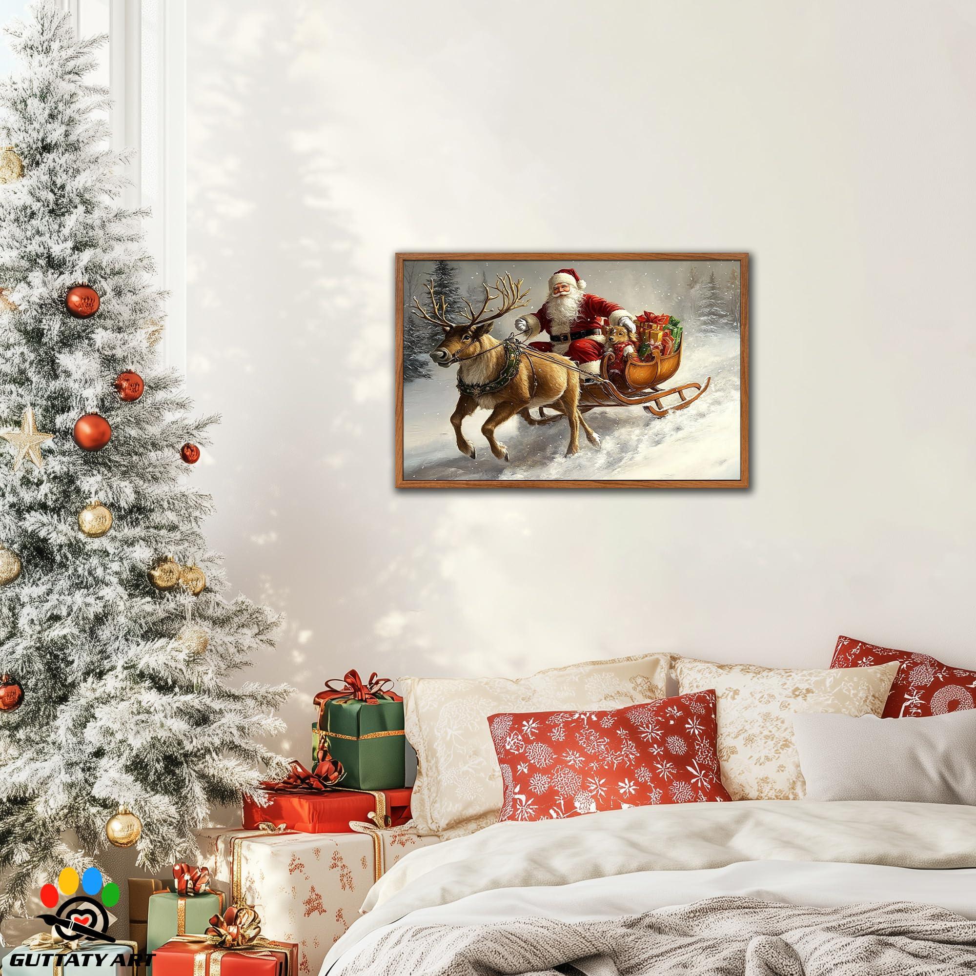 GUTTATY Christmas Santa Pictures Canvas Prints, Funny Christmas Eve Canvas Wall Painting, Santa Claus Rides a Reindeer Sleigh Hanging Artwork for Living Room, Bedroom, Nursery Fake Framed,28x40 Inch