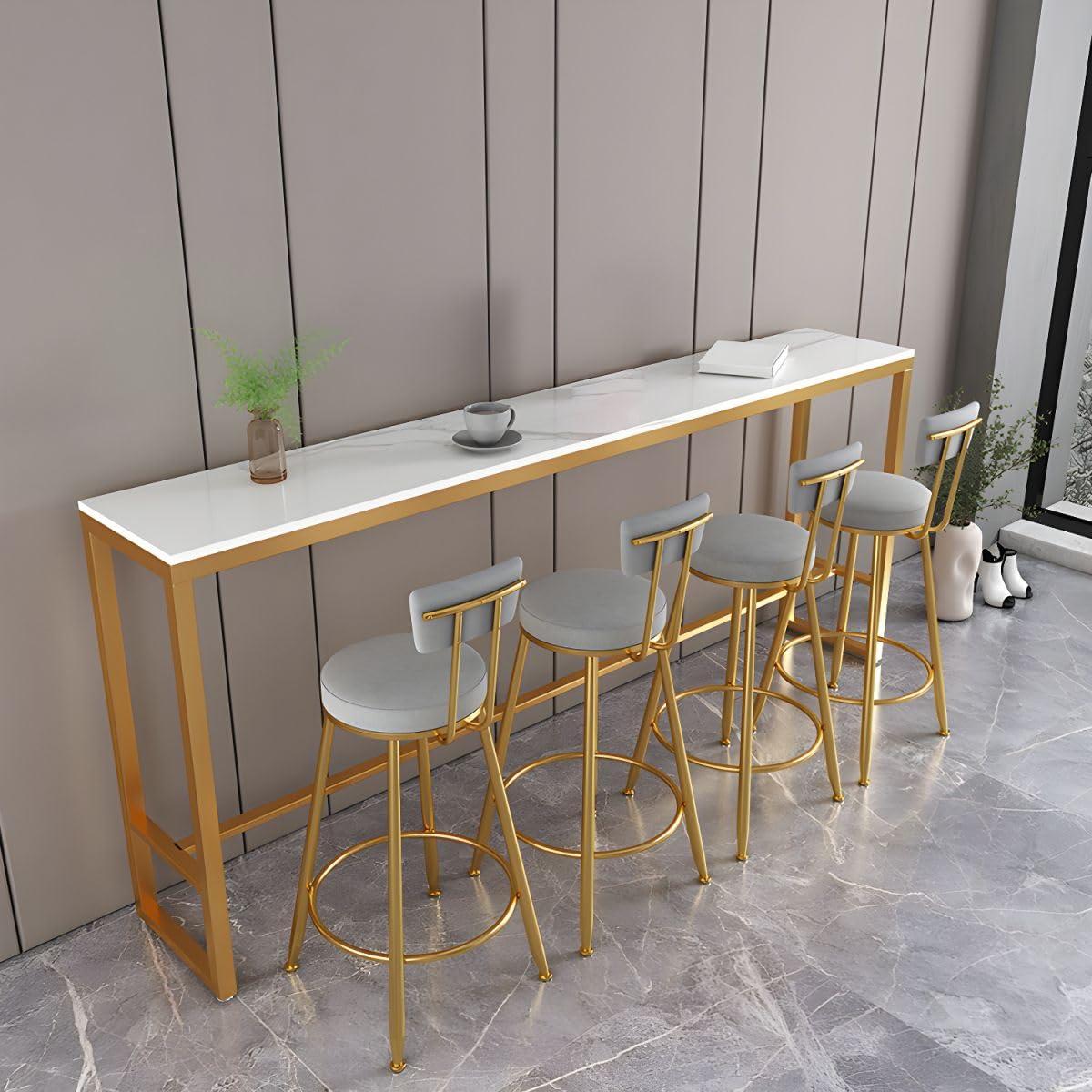 KWOKING KWOKING Indoor Glam Bar Dining Table White Marble Rectangle Counter Table - Without Chairs Rock Slab Marble Bar Table Against The Wall Partition Balcony Long Wine Table Gold 63" L x 15.7" W x 41.3" H