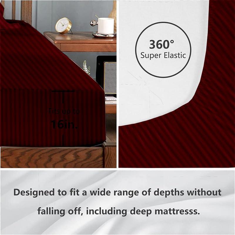 MD Home Decore Egyptian Cotton Split Queen Sheet Set - 7 Piece Set - Burgundy Stripe Sheets - Extra Deep Pockets - Adjustable Bed Compatible