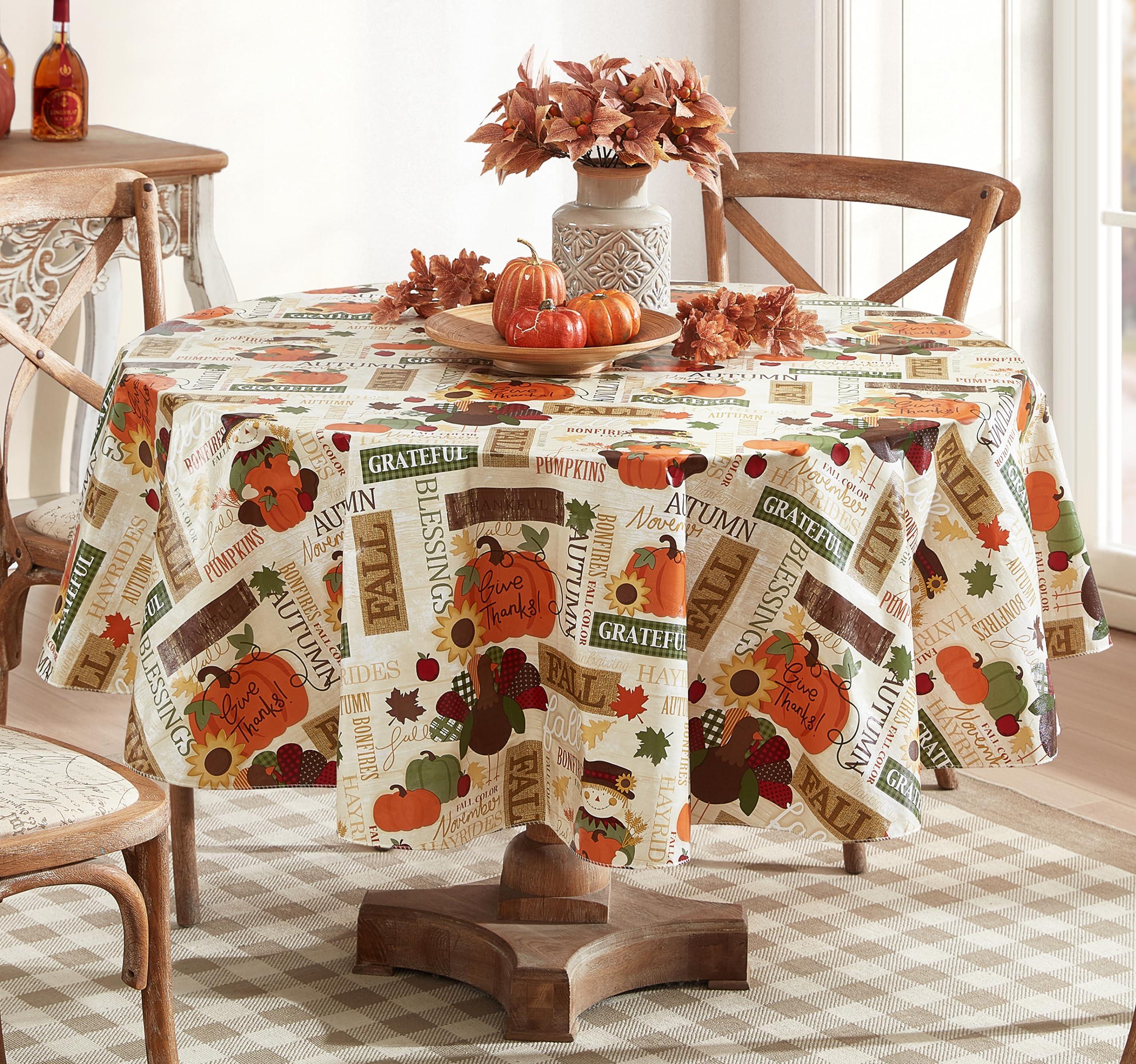 Newbridge Newbridge Fall Hayride and Happy Scarecrow Thanksgiving Vinyl Flannel Backed Tablecloth, Gingham Turkeys and Pumpkin Rustic Autumn Vinyl Tablecloth with Flannel Backing, 70 Round